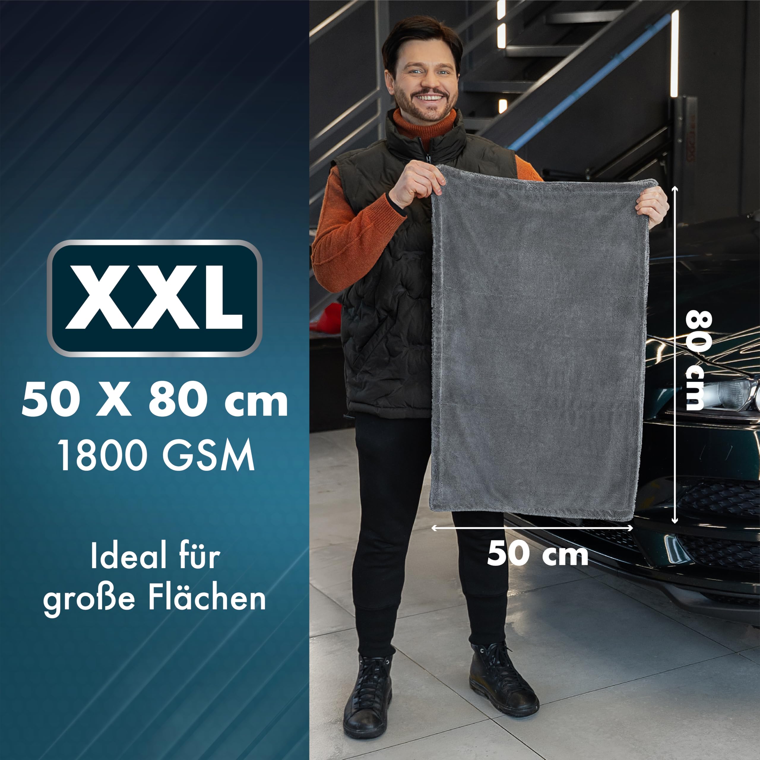 Auto Trockentuch XXL 50x80 cm - 1800 GSM Ultra Saugstarkes Mikrofasertücher Auto für Autopflege und Motorrad