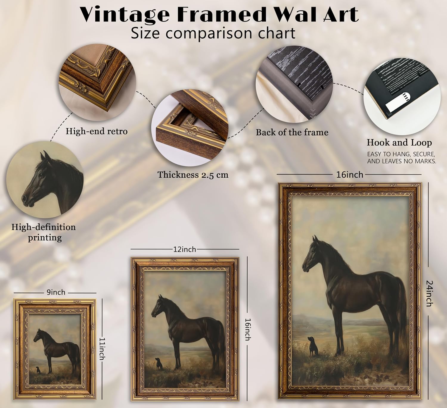 Vintage Gold Framed Horse Wall Art Horse and Dog Canvas Wall Decor Retro Rustic Farmhouse Animal Picture Rustic Horses Poster Artwork for Home Living Bedroom Farmhouse Hallway 16x24in