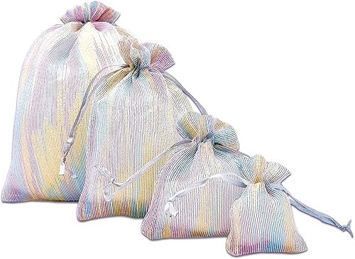 Miniatura 8 de TheDisplayGuys - Paquete de 24 bolsas de regalo de organza de tejido a rayas con cordones, tamaño mediano de 5 x 6 pulgadas, iridiscente, para