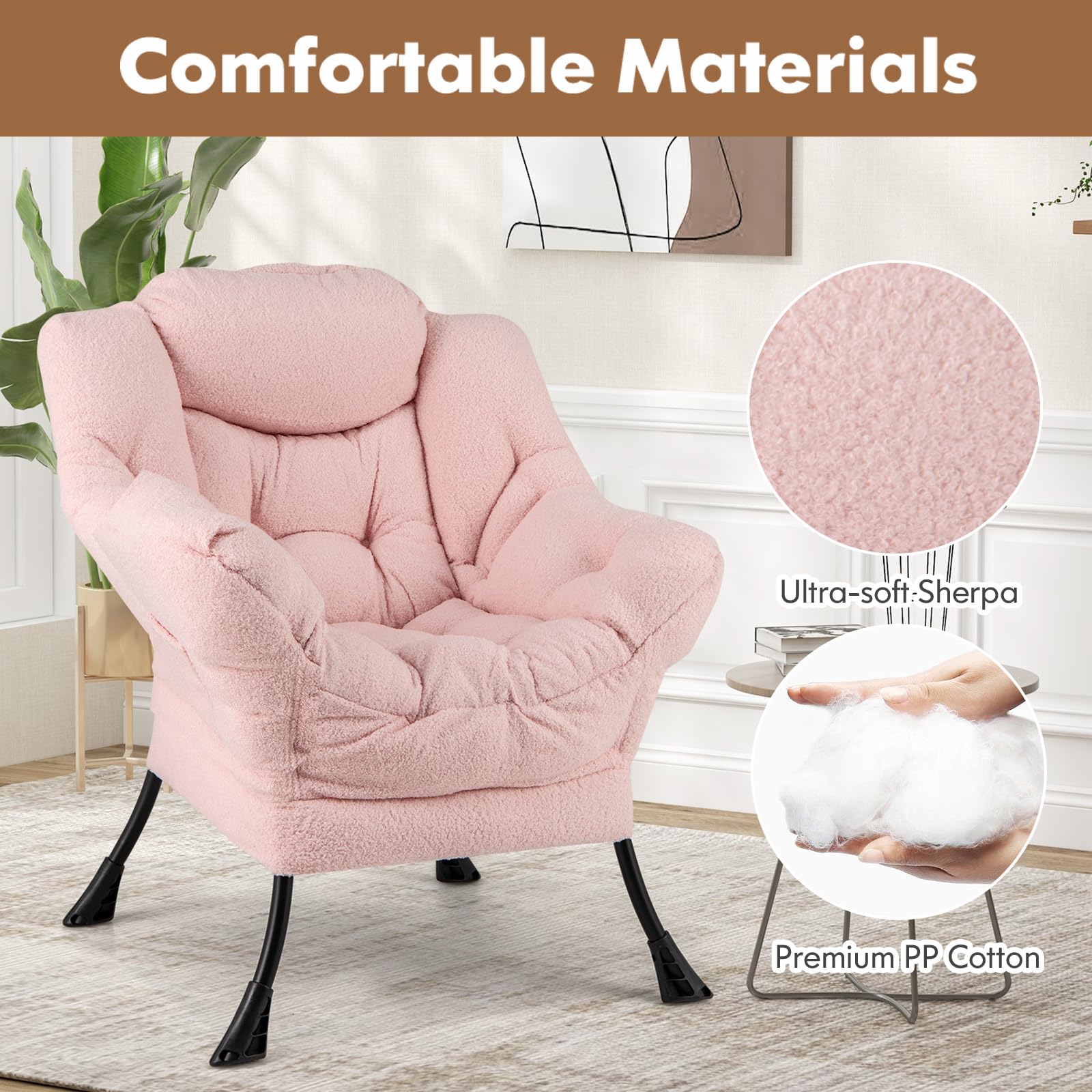 HOMASIS Sillón reclinable tapizado, sillón con reposabrazos y Almohada, sillón de Lectura con Bolsillo Lateral, sillón TV en Tela y Metal para salón Dormitorio (Modelo 1 sin Taburete, Rosa)