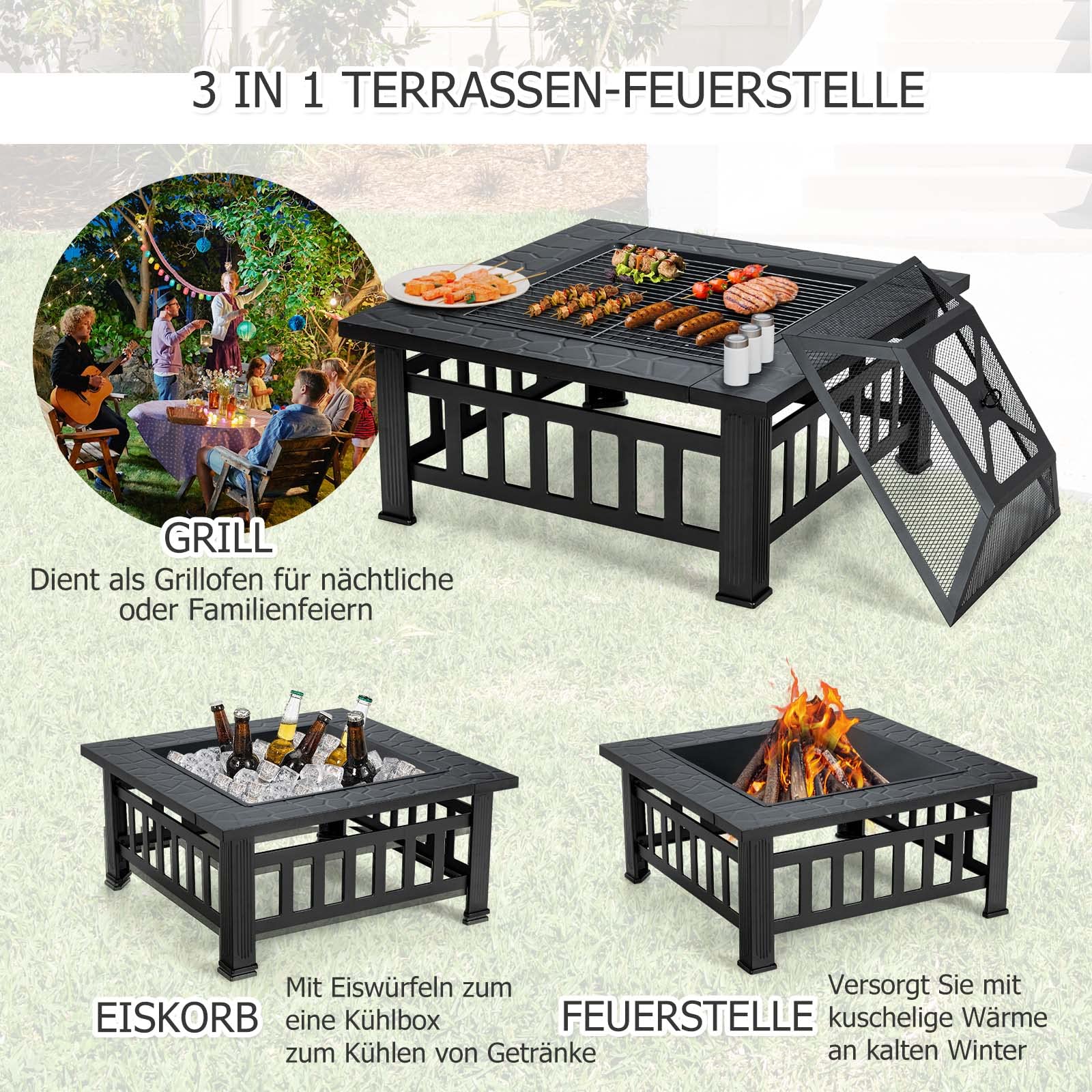 GOPLUS Palenisko 3 w 1, metalowe palenisko z pogrzebaczem i rusztem do grillowania i pokrywką, kwadratowy ruszt do grillowania o nośności 10 kg, do ogrodu, na taras i na wycieczki kempingowe (czarny)