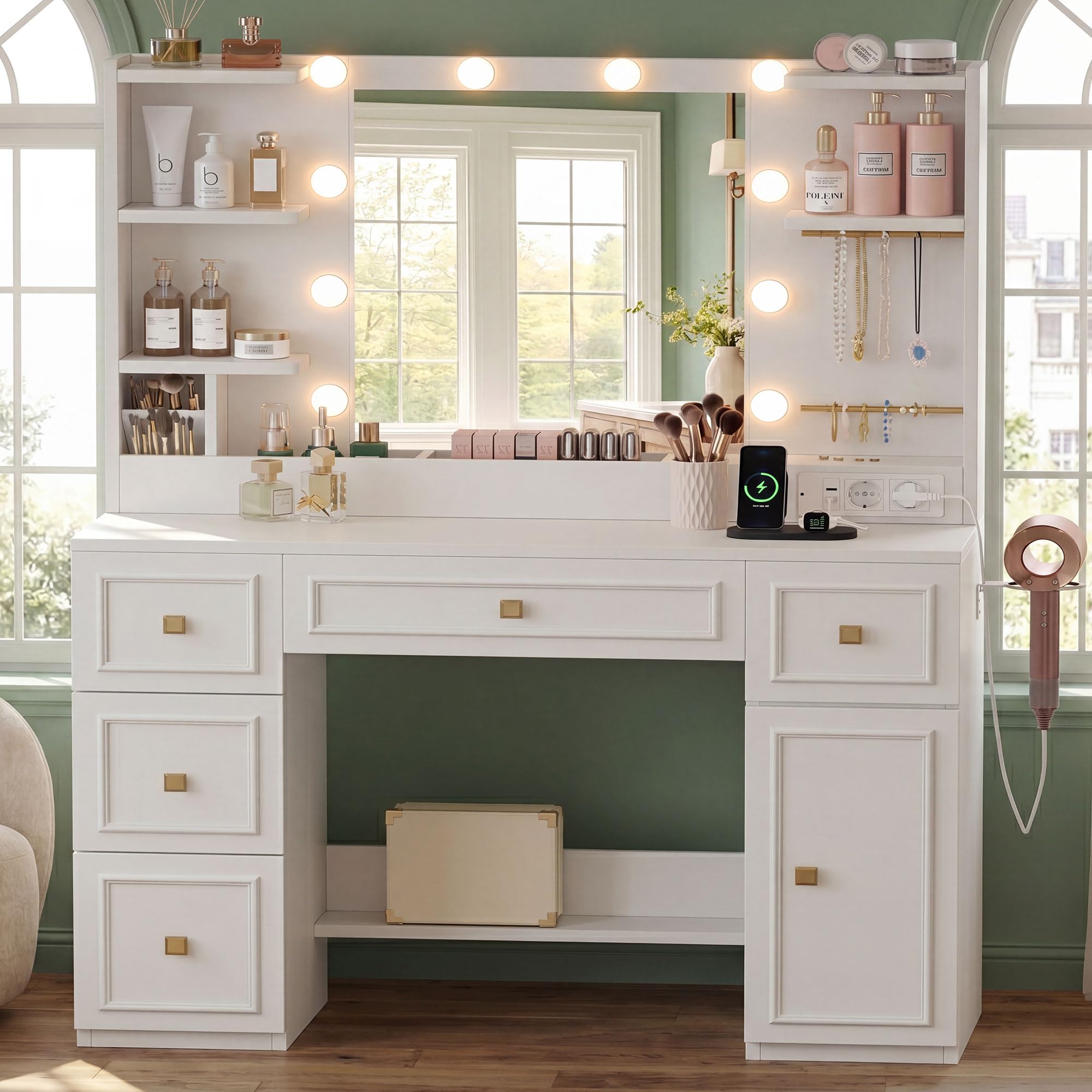 Heybly Coiffeuse avec Miroir LED et Éclairage, Table de Maquillage avec 6 Tiroirs et 6 Étagères, avec Prises Électriques et Rangement Bijoux, Coiffeuse Moderne pour Chambre, Blanche BDT002WT