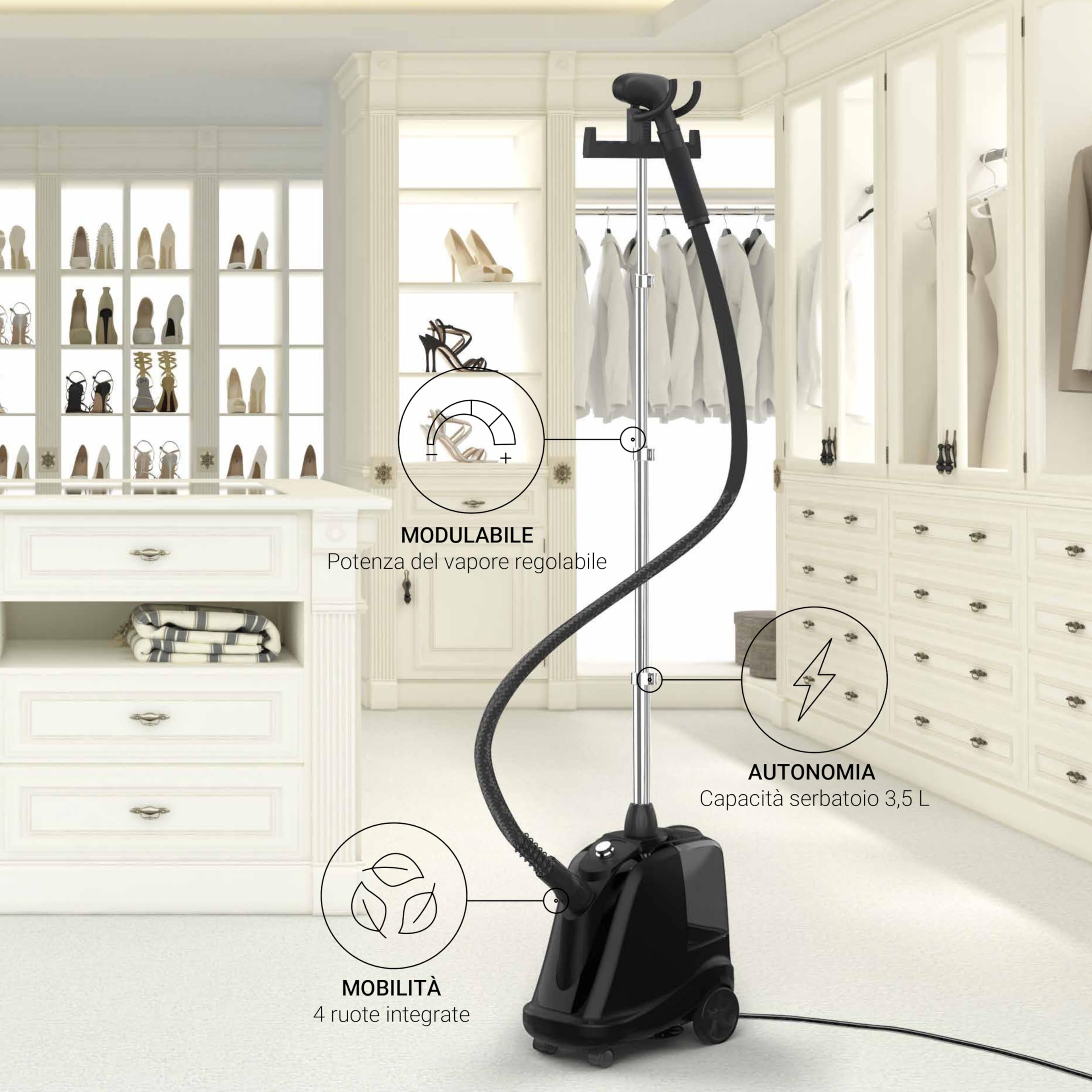 SteamOne T2000B - Steamer Professionale 2000W - Stiratrice Verticale con piastra Acciaio Inox, Ferro da Stiro Vapore continuo, Asta telescopica, Serbatoio 3,5L, Accessori inclusi - Alta Qualità