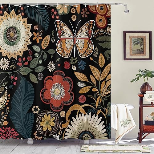 Miniatura 8 de Yeoiat Juego de cortina de ducha con diseño botánico bohemio sin gancho y forro de tela a presión, diseño botánico blanco, cortina de ducha blanco1