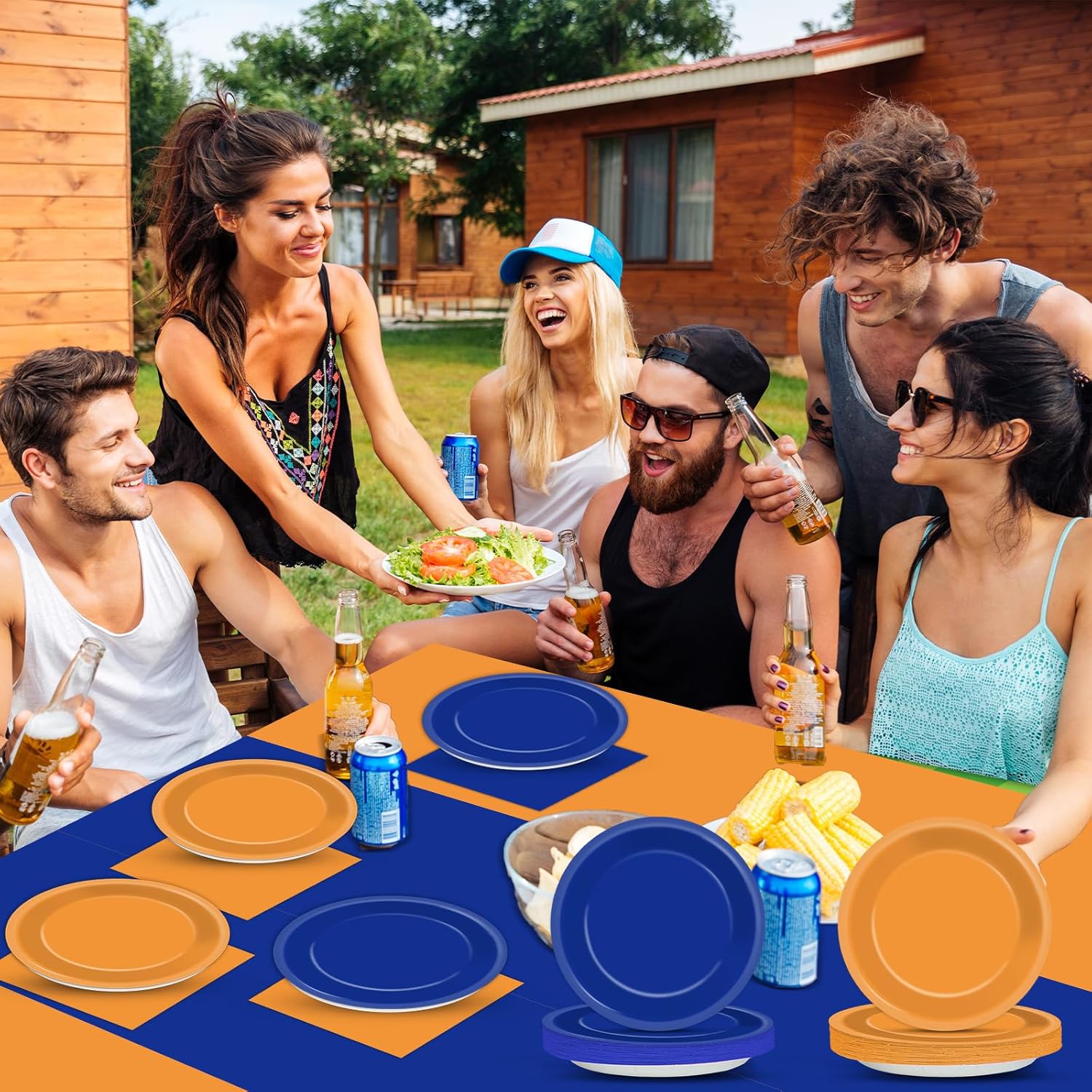 Blue and Orange Party Supplies Serves 24 Orange and Blue Decorations Party Paper Plates and Napkins Plastic War Birthday Tablecloth Dart Disposable Tableware Set for Baby Shower Graduation - Image 5