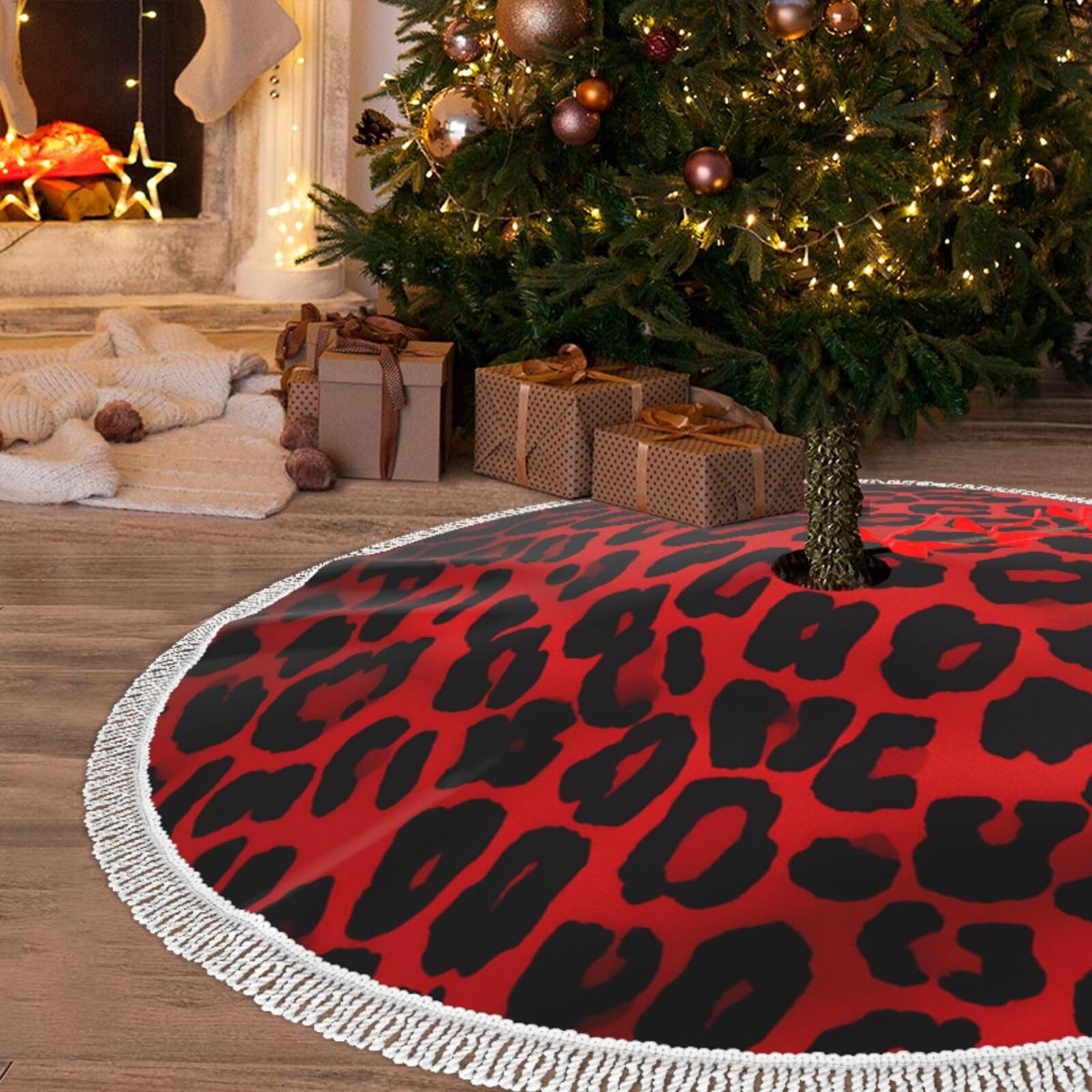 Jupe de sapin de Noël de 122 cm de qualité premium avec motif léopard rouge