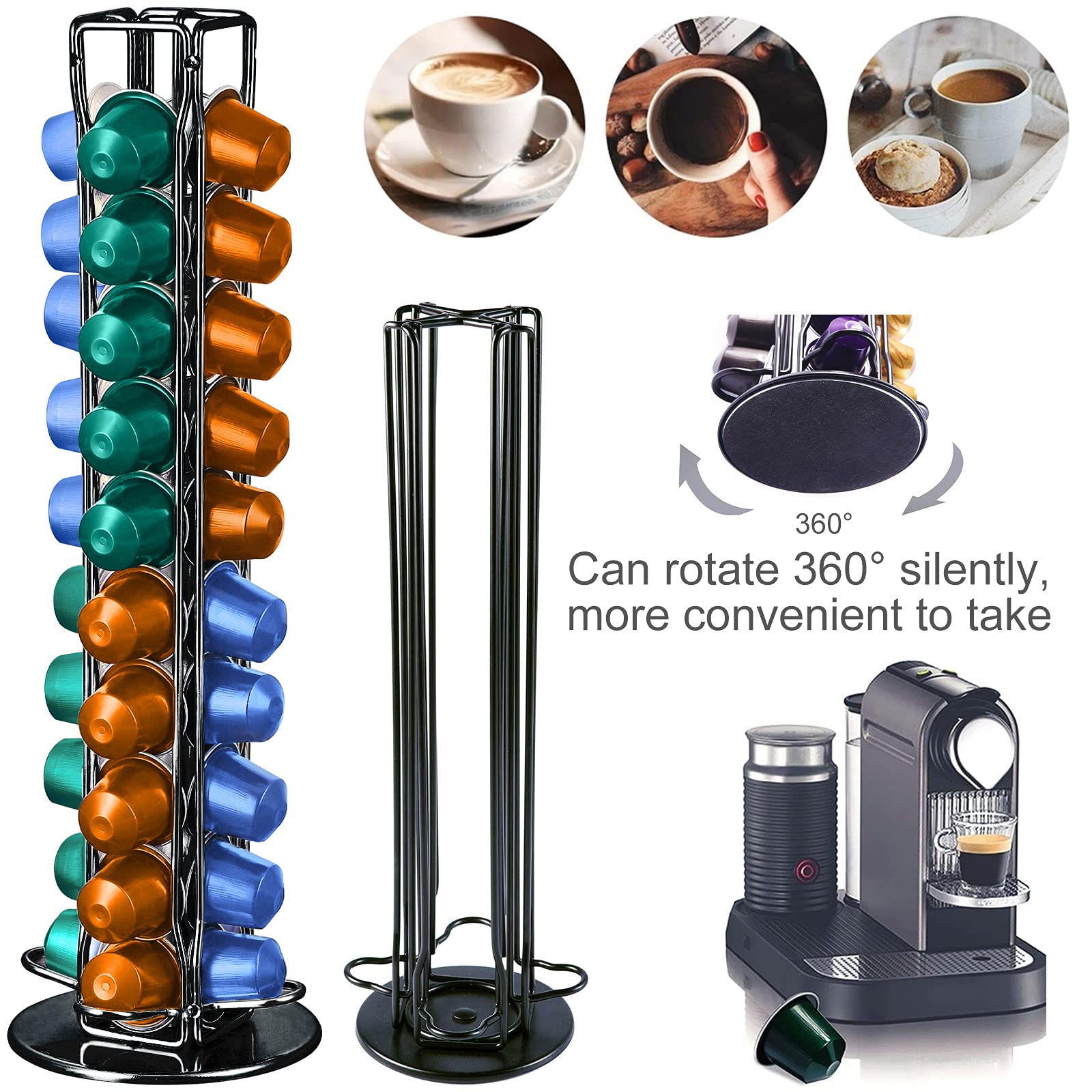 Frasheng Soportes para Cápsulas de Café,Puede Contener 40 cápsulas,360 Grados Giratorio,La base de fieltro y antiarañazos protege,Hecho de metal,Negro