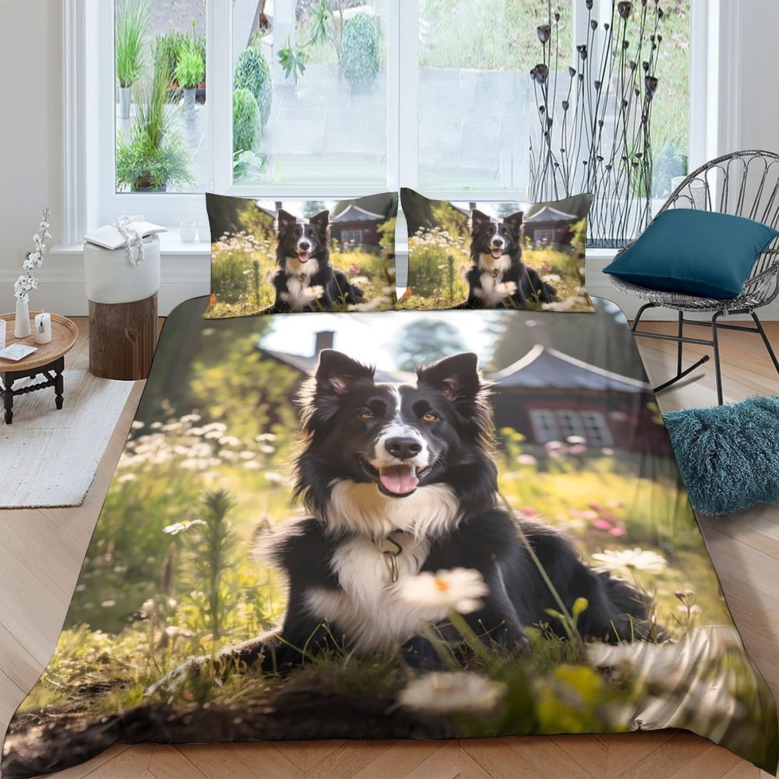 Ctjqhvkz Style-9 3D Printed Border Collie Dog Fitted Sheet Microfiber Nature Meadow Bed Cover Anti-Slip Machine Washable For Bedroom Living Room Decor Single（135X200cm）