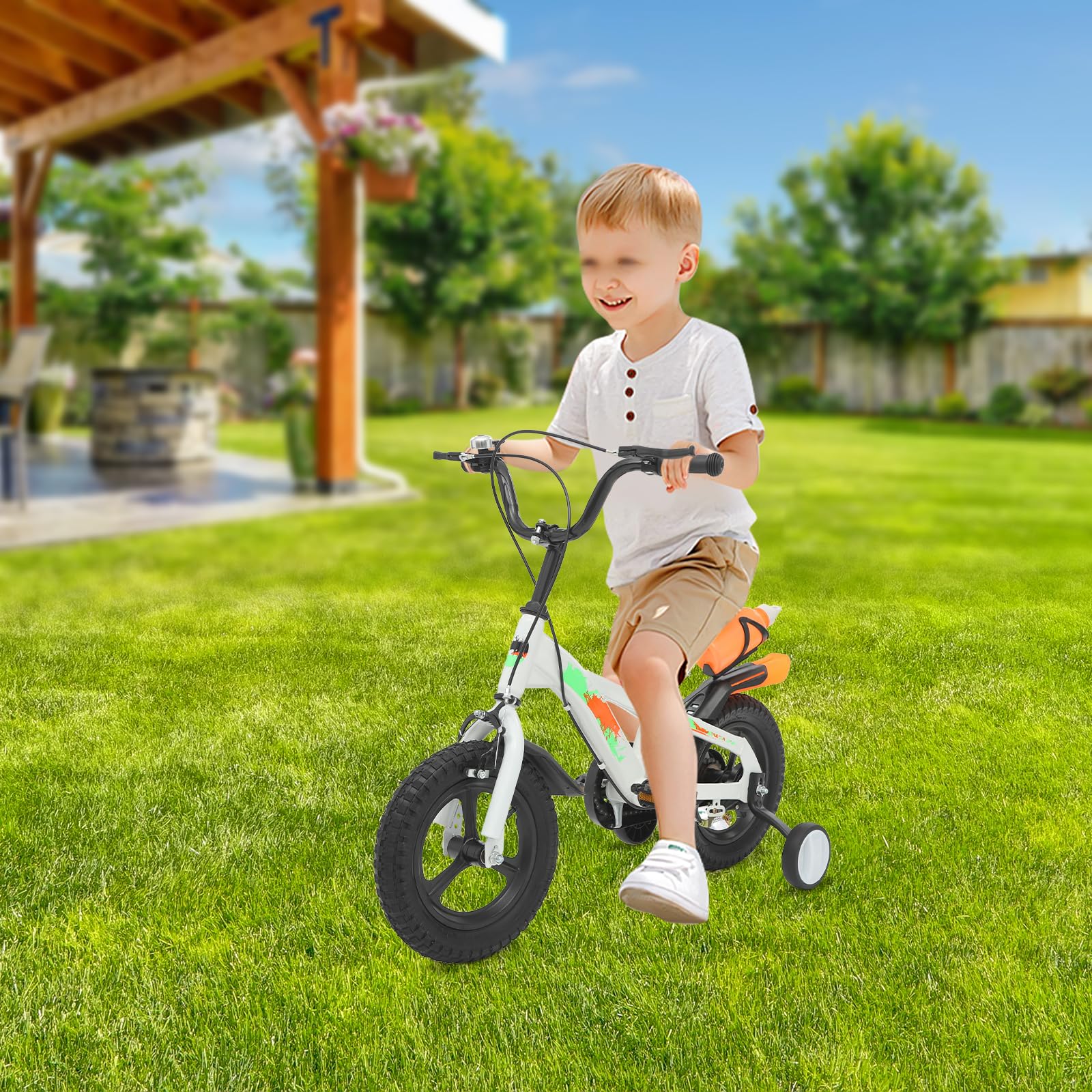 Bicicletta per bambini da 12 pollici, con ruote di supporto e bottiglia d'acqua, regolabile in altezza, bicicletta da allenamento con campanello, per bambini da 2 a 5 anni
