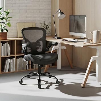 Ergonomic Office Chair, Flip-up Armrest, Mesh Back PU Leather Seat