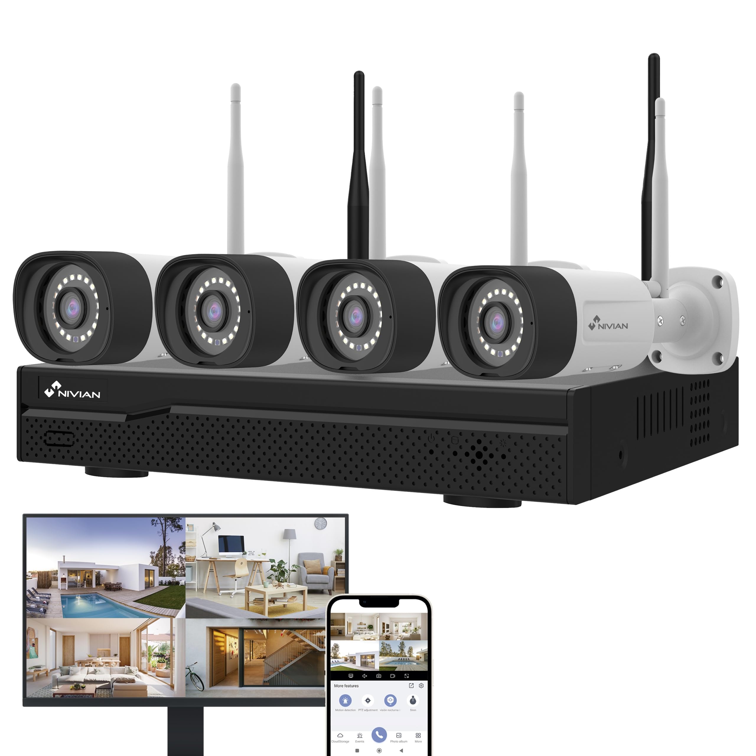 NIVIAN Kit Camaras de Vigilancia Profesional WiFi SuperHD con 4 Cámaras IP y Grabador 10CH - para Casas y Negocios - Visión Nocturna, Detección Humana IA, Audio Bidireccional, Fácil Instalación