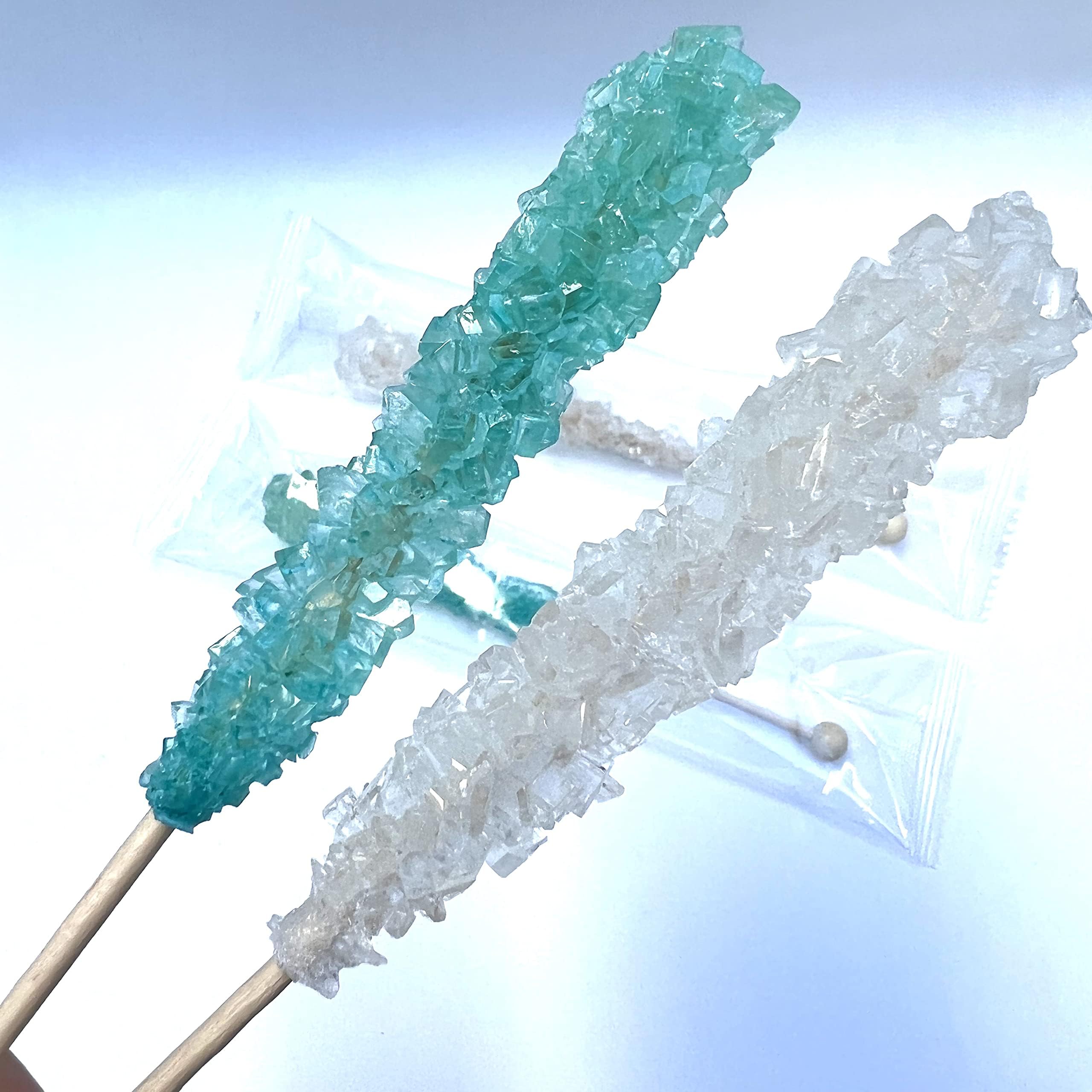 Old Fashioned Rock Candy Sticks, Sugar Crystals on Swizzle Stick Individually Wrapped (Baby Boy, Light Blue & White, Pack of 12)