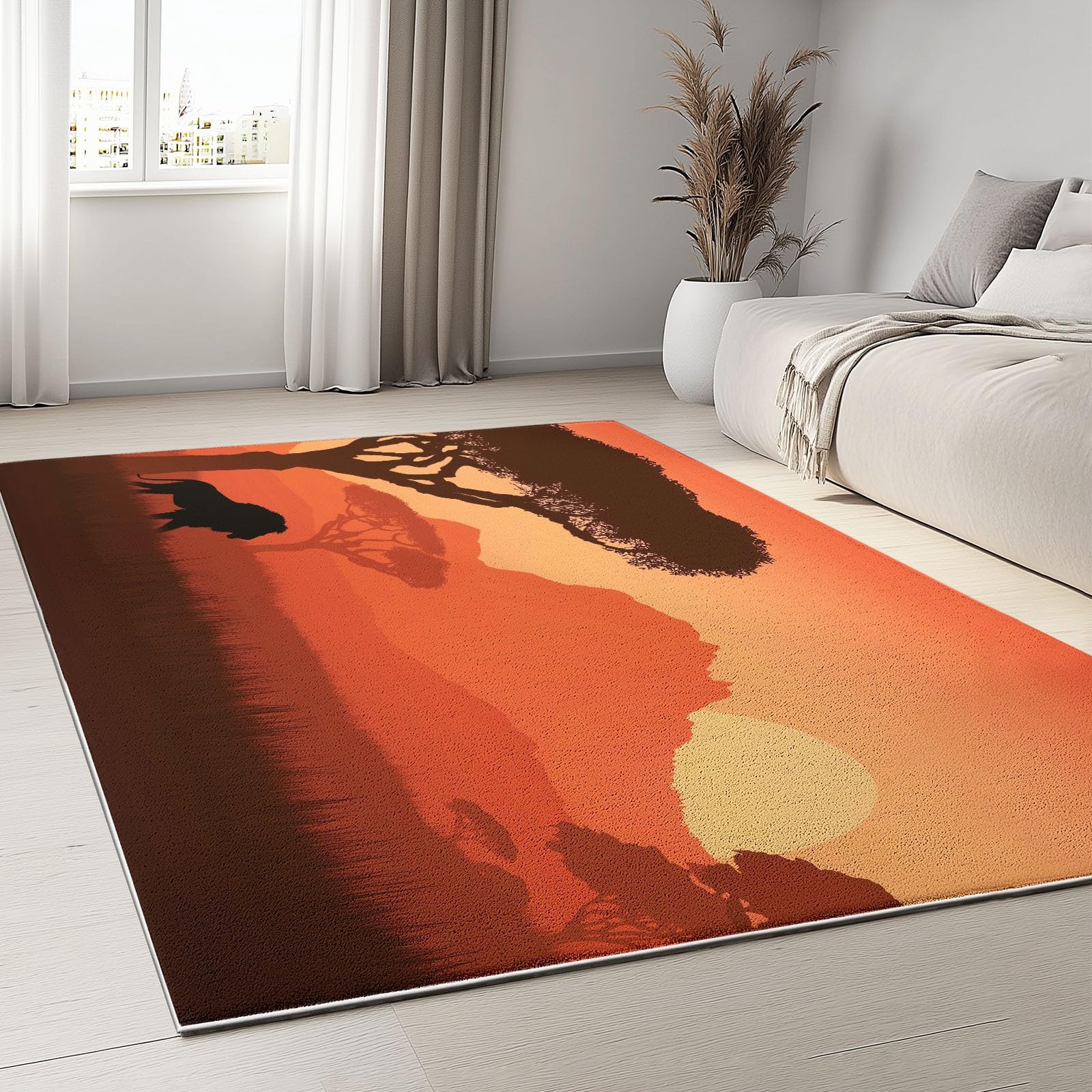 Alfombra de área para sala de estar con estampado de árboles y león en tonos tierra