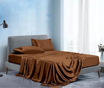 PURE ECO Satin Silk Sheet Set Twin Size - 4 Piece - 16" Pocket - Brown | Bedding Set Luxurious Bed Sheets & Pillowcases, Skin-Friendly & Breathable -Silk for Hair Care Twin - Brown
