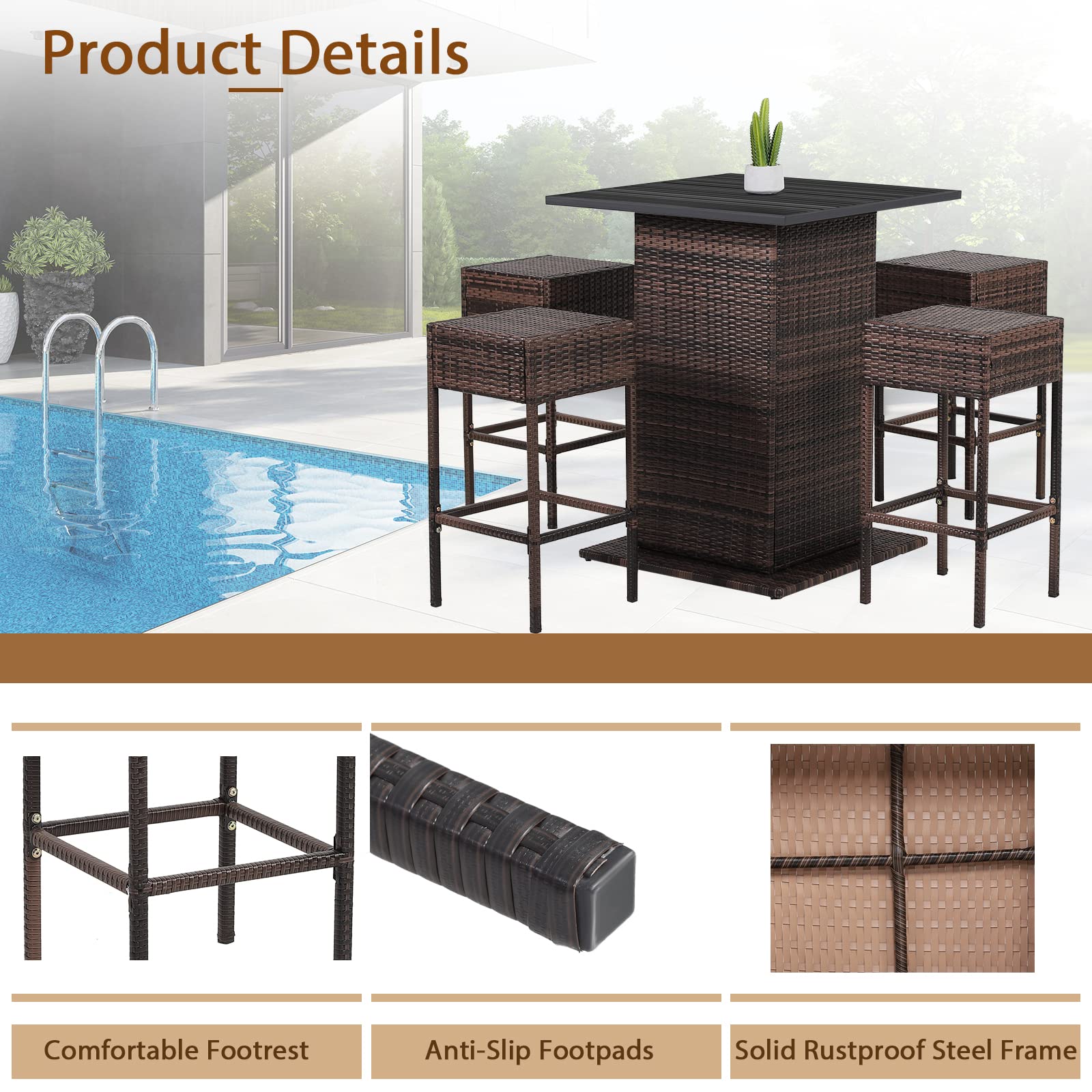 GIANTEX Ensemble de bar extérieur en rotin 5 pièces, table et 4 tabourets hauts avec coussins amovibles