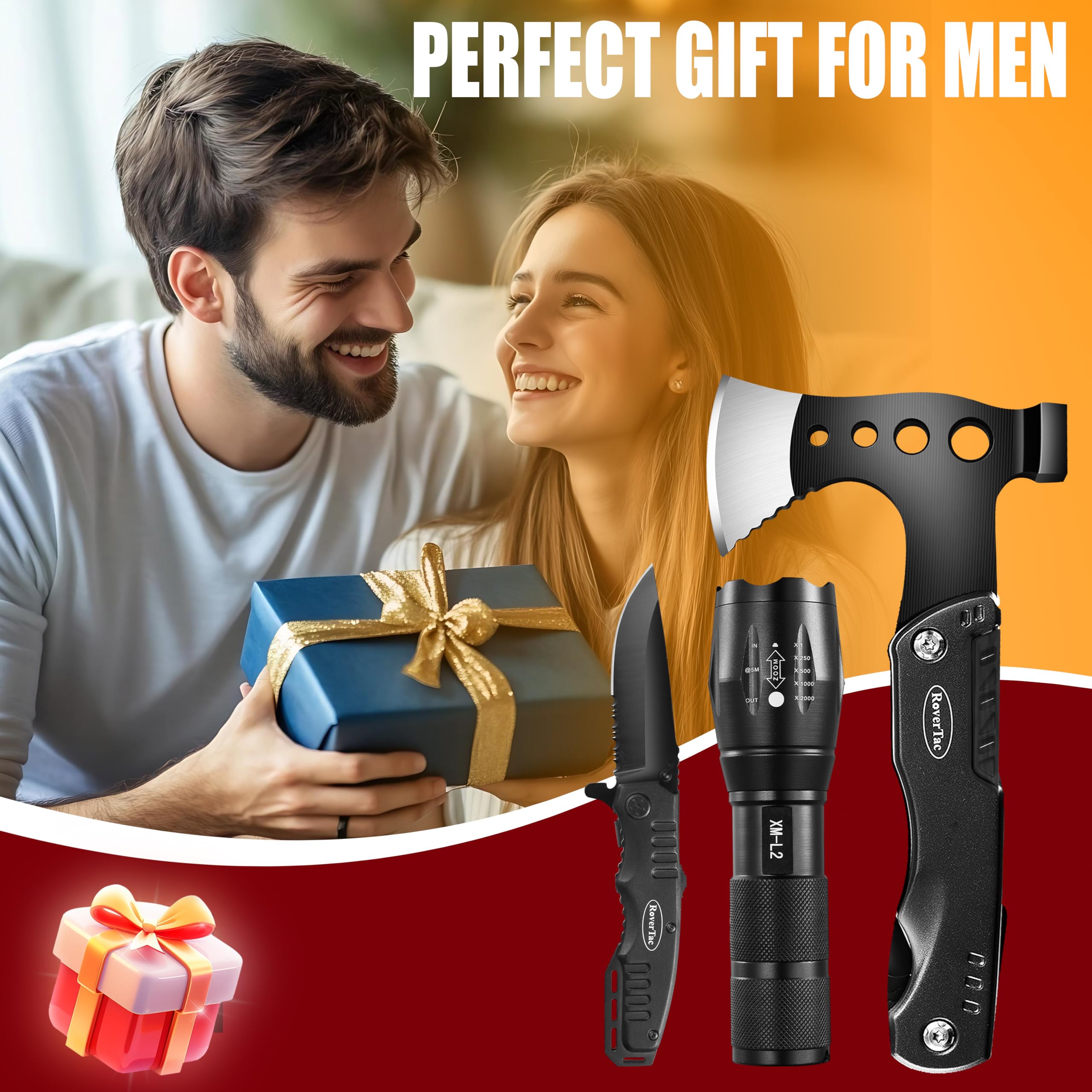 RoverTac Kit de herramientas de supervivencia de equipo de camping Multi Tool Set, hacha multiherramienta 11 en 1, linterna led de alto lúmen, cuchillo de bolsillo, regalos para hombres
