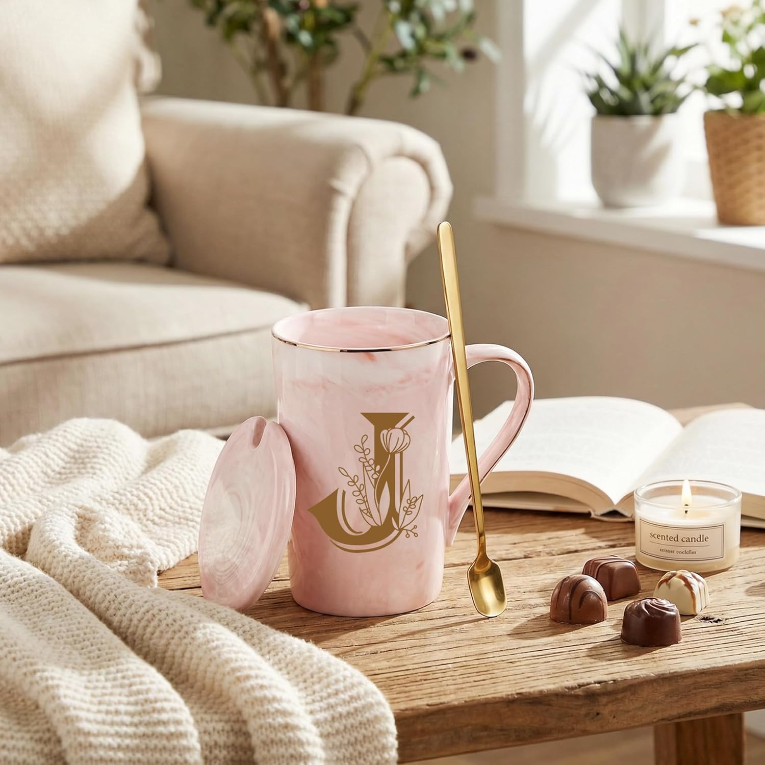 Letter J Personalized Initial Mugs, Letter J Personalized Coffee Mug, Novelty Birthday Mother's day Gifts for Mom Grandma Her Women, Bridal Shower Gifts, 14 OZ Pink with Lid Spoon Gift Box - Image 2