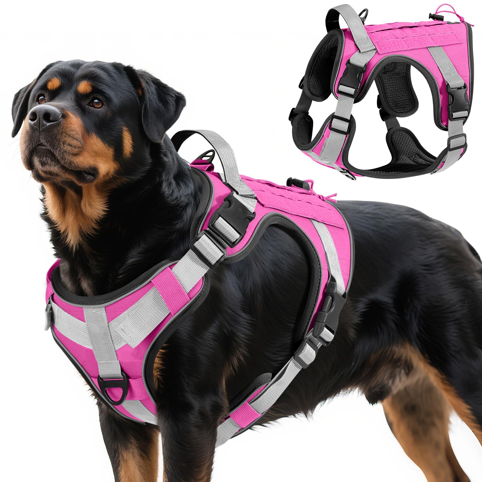 VavoPaw Heavy Duty Tactical Dog Harness for Large Dogs, No Pull Adjustable Pet Harness Reflective Service Training Easy Control Pet Vest Military K9 Working Dog Harnesses, Pink, XL