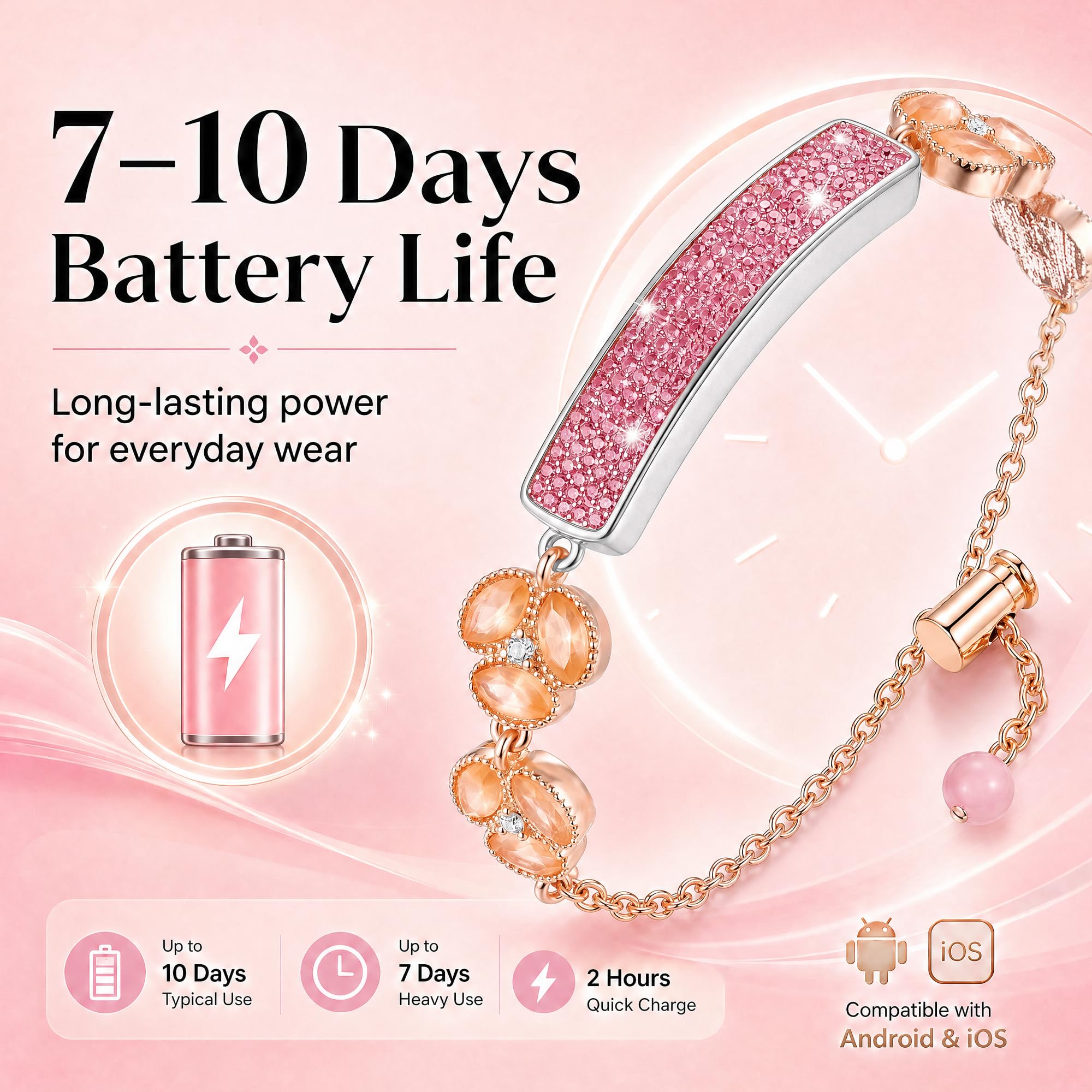 Braccialetto intelligente da donna – Gioielli Fitness & Activity Tracker con attività 24/7 battito cardiaco, ritmo e recupero, tracker regolabile senza schermo per donne