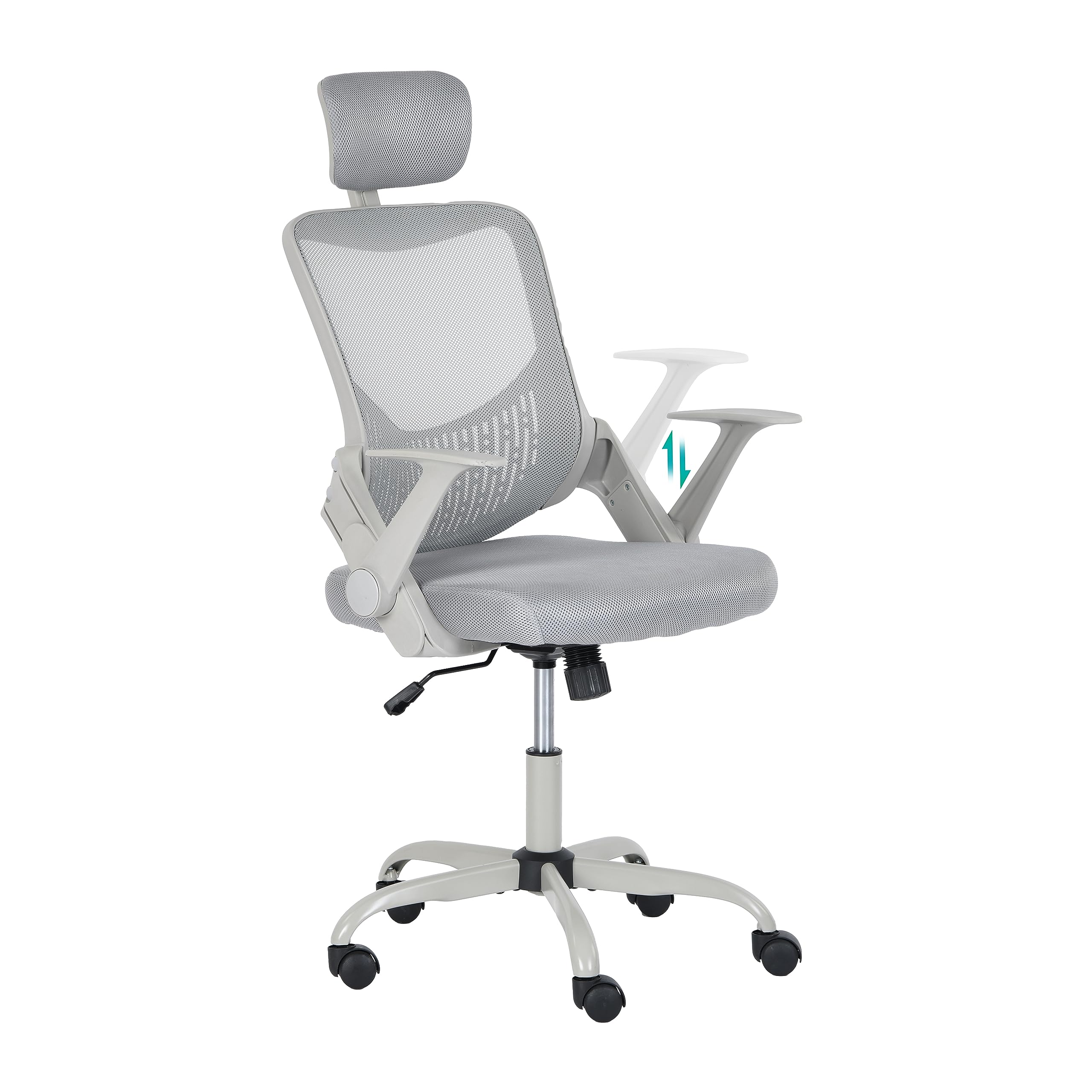 FurnitureR Silla Oficina Ergonómica con Reposacabezas, Silla Escritorio Malla Resistente con Soporte Lumbar, Silla Computadora con Base Metal, Asiento y Reposacabezas Ajustables Gris