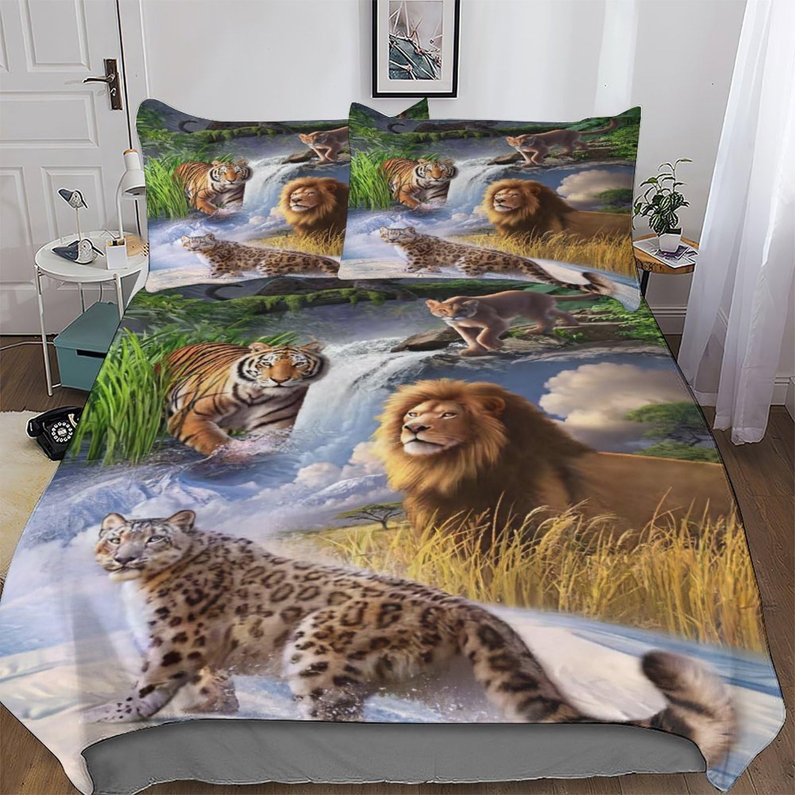 Parure de lit Lion Tiger Leopard avec housse de couette 220x240 cm et taies d'oreiller
