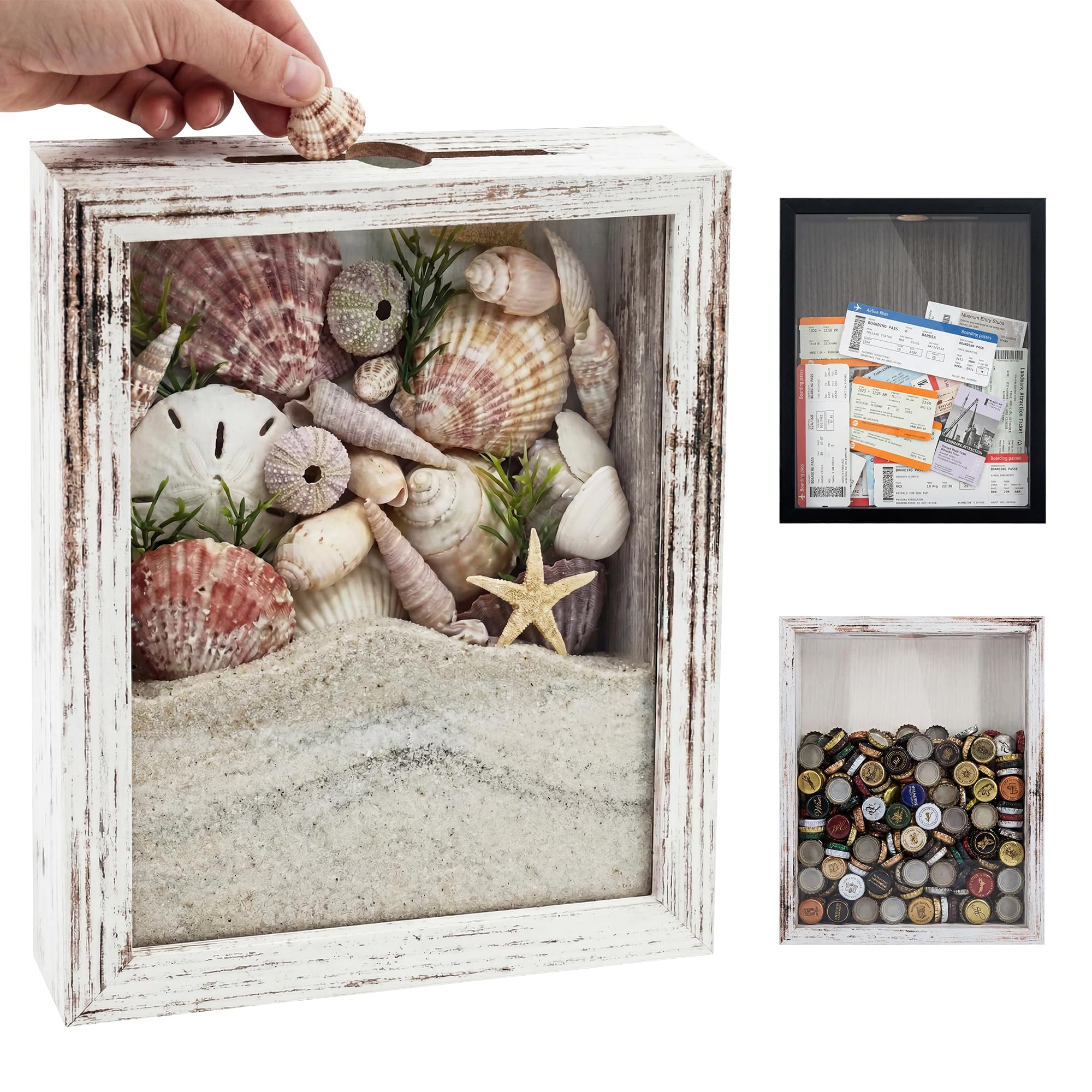 GraduationMall 8x10 Top Loading Shadow Box Frame with HD Glass,Wood Display Case with Slot,1.25 inches Interior Depth,Ideal for Wine Bottle Caps,Tickets,Shells,Stamps and More,White