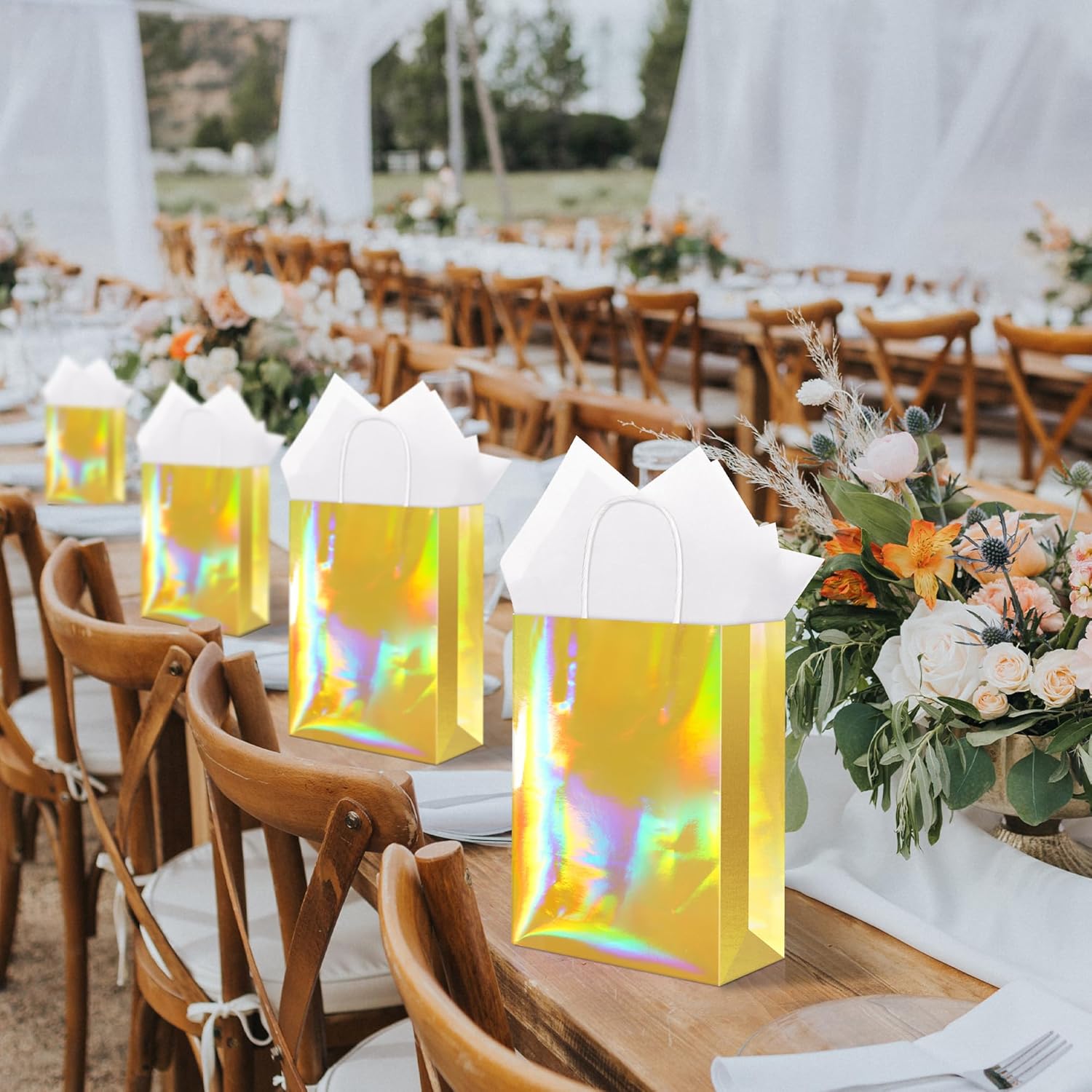 MIMIND 24 Pack Iridescent Paper Gift Bags with Handles Holographic Party Favor Bags with Tissue Paper 8.7 x 6.3 x 3.1 Inch Glitter Gold Foil Goodie Candy Bag for Wedding Baby Shower Birthday Party - Image 7
