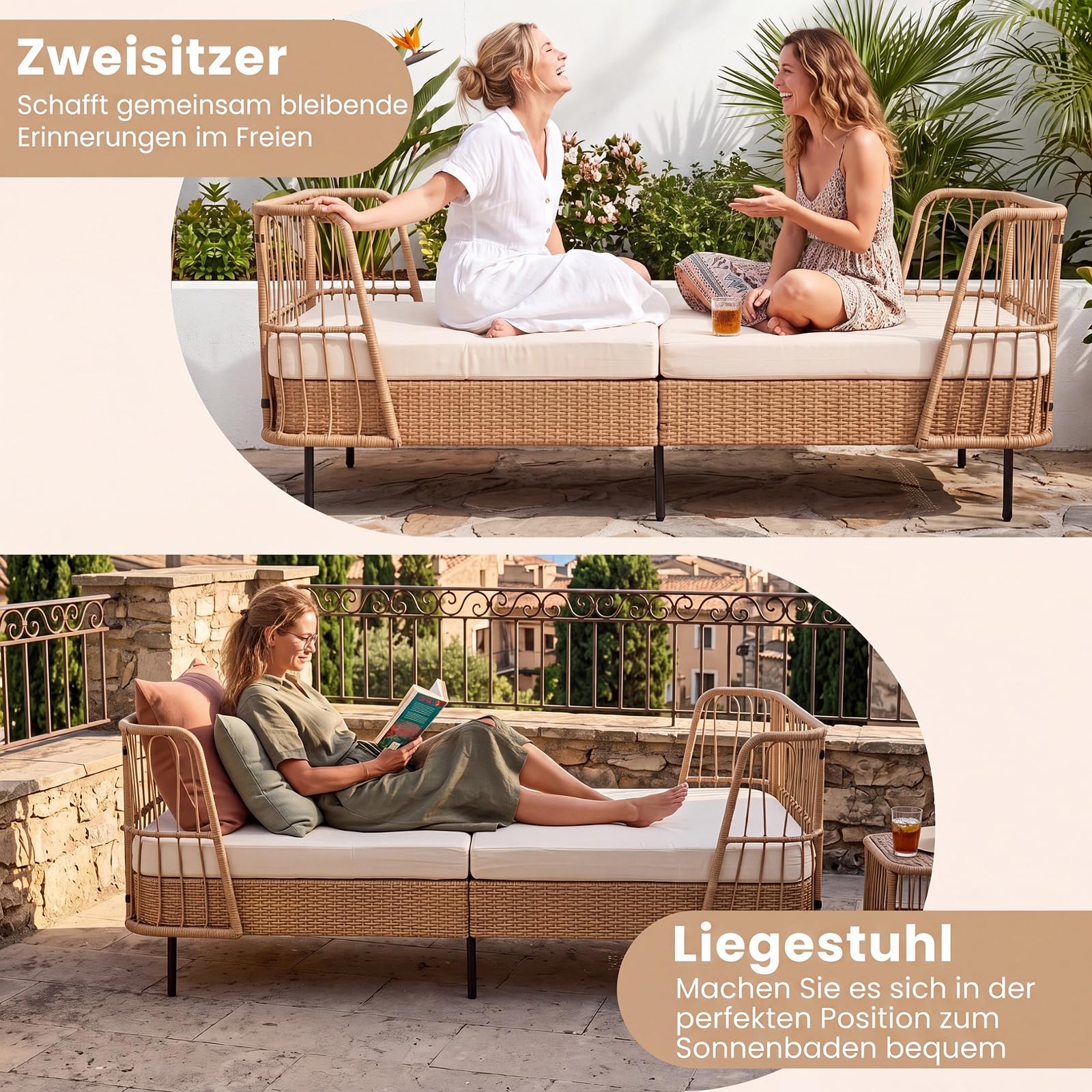 COSTWAY Rattan Lounge Sofa, Lounge Möbel Outdoor, Gartenlounge | Gartenliege mit Kissen, Daybed Wetterfest, Polyrattan Gartenmöbel, Balkonmöbel Kleiner Balkon