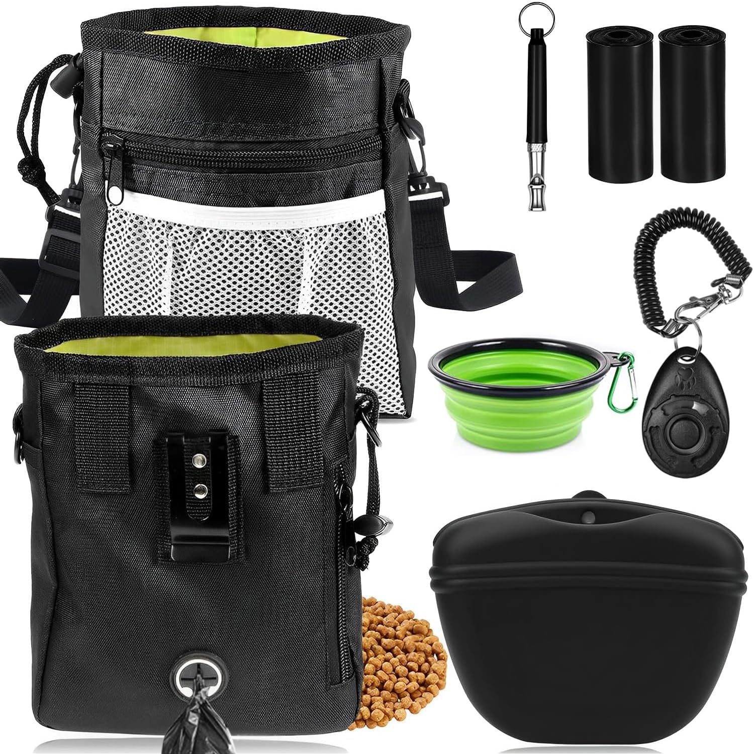 JIURUN Dog Treat Pouch for Pet Training - Dog Treat Bag (Black) - Dog Training Kit, Dog Clicker for Training, Silicone Treat Bag, 2-in-1 Whistle