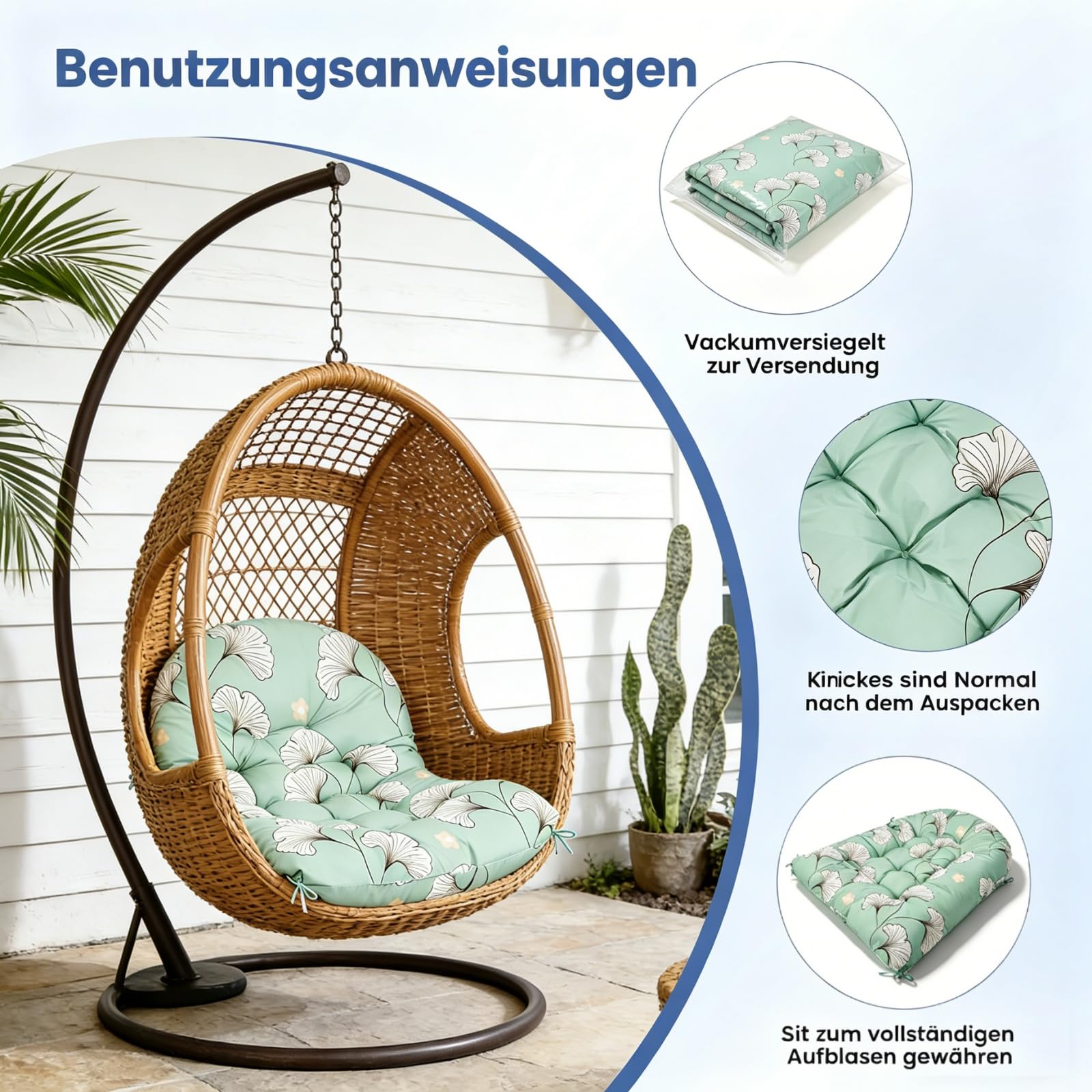 Kissen für Egg Chair, Hängesessel-Kissen 120 x 85 x 18 cm, wasserfestes Ersatzkissen für Schaukelstuhl (nur Kissen), dickeres Hängesessel-Kissen für Garten, Außen- und Innenbereich, Blatt