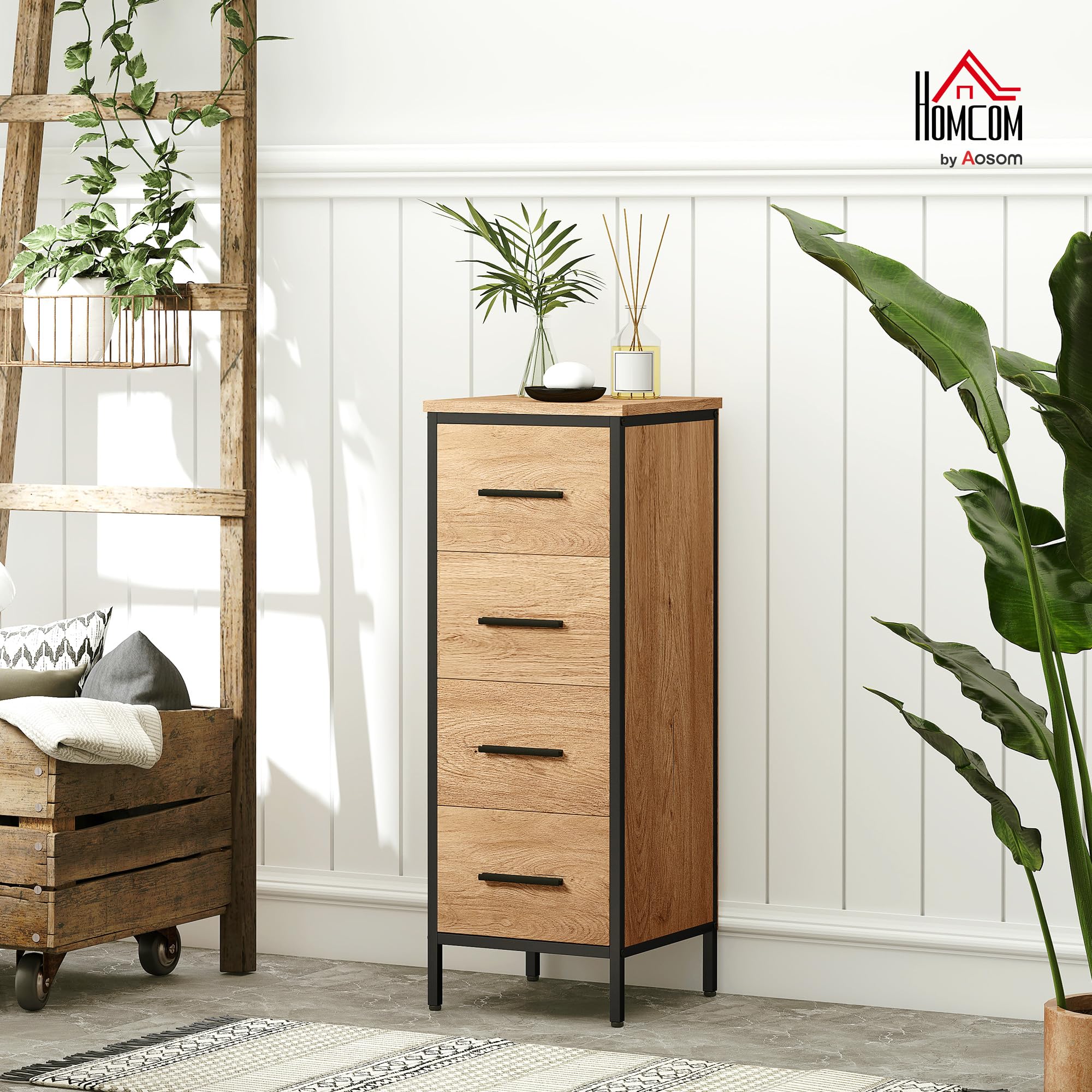 HOMCOM Armario de Baño Estrecho Mueble de Baño con Cajonera de 4 Cajones y Estructura de Acero 30x30x82 cm Color Roble