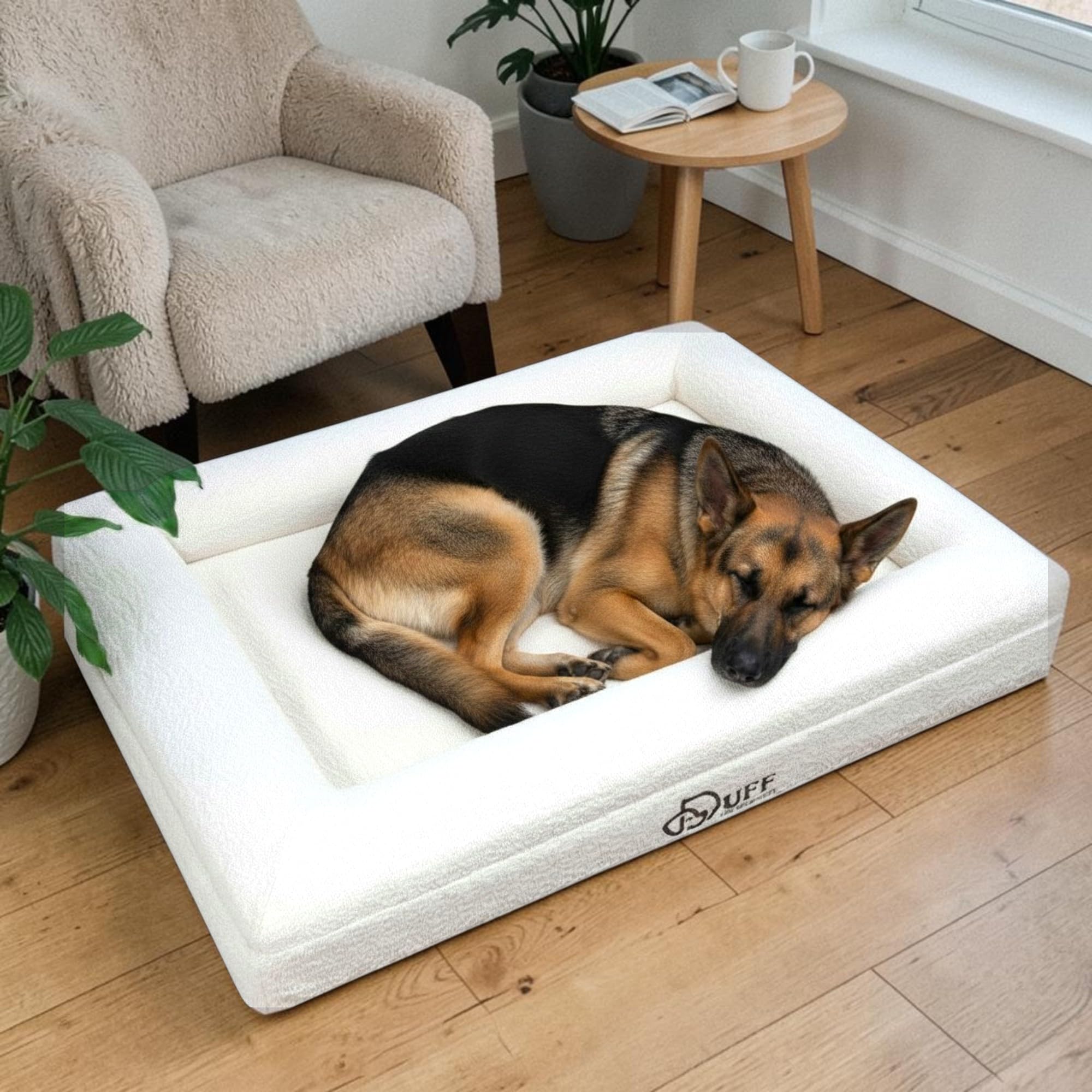 Duff® Lit Orthopédique Chien Grande Taille L (115x90 cm) – Matelas Mémoire de Forme Haute Densité – Tissu Bouclette Premium, Housse Lavable – Confort Durable & Élégant