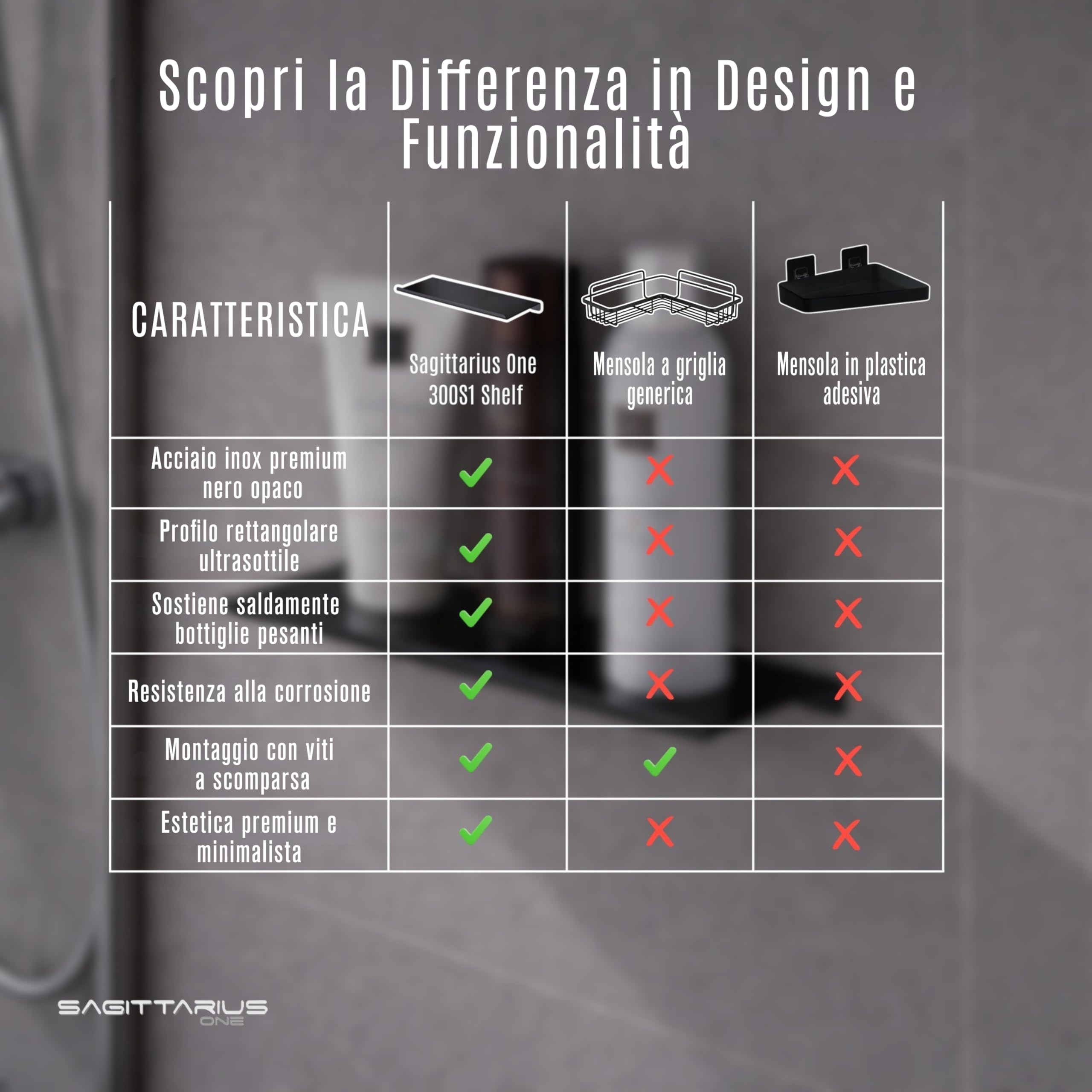 300S1-B Mensola Doccia Scaffale in Acciaio Inossidabile SUS304 Resistente alla Ruggine 30cm, Organizzatore da Bagno Lucido, Porta Shampoo Nero Opaco | Scaffale Porta Shampoo, Sus304 Antiruggine, Organizzatore Da Bagno