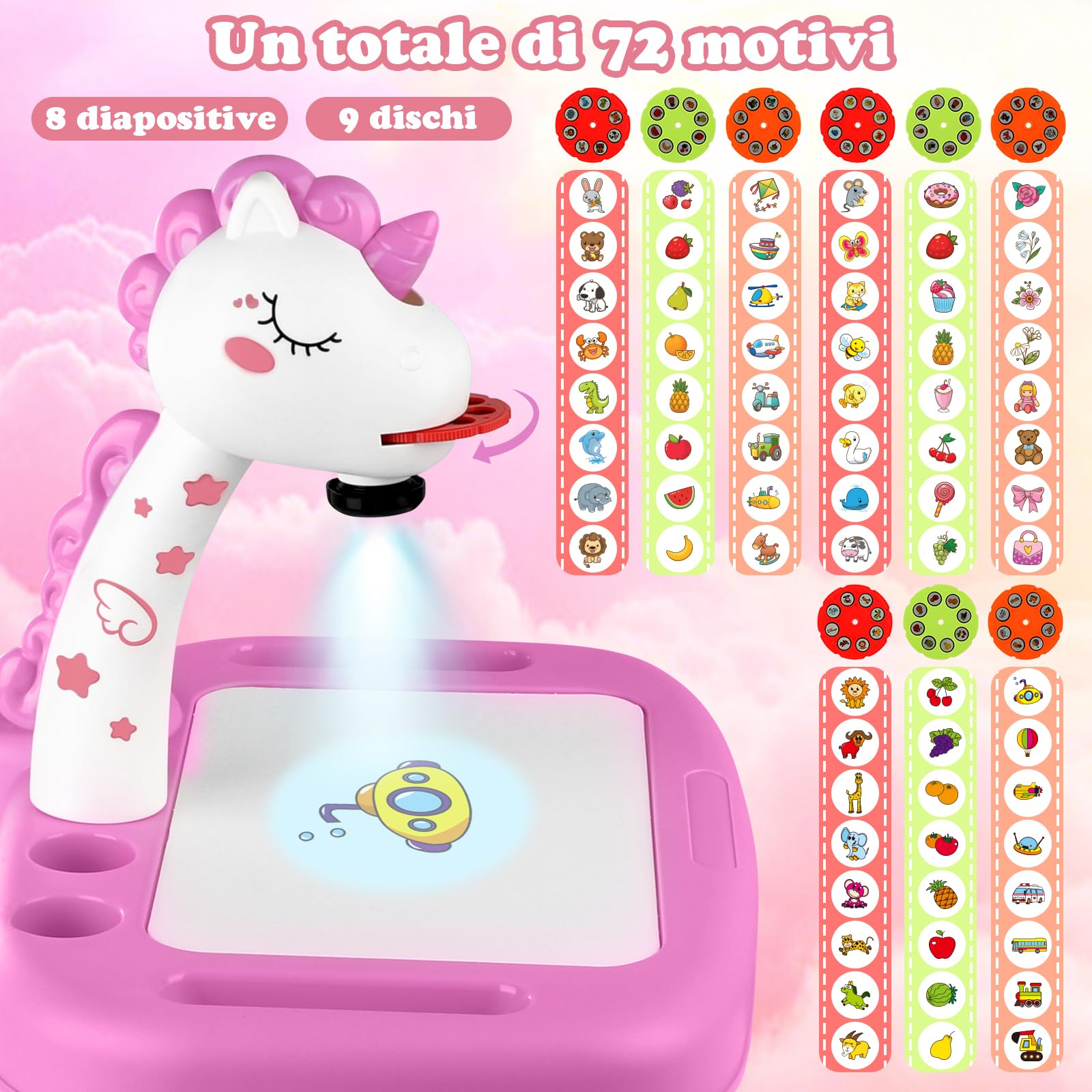Giochi Bambina Proiettore da Disegno per Bambini con 72 Motivi Proiettore per Bambini con Set da Pittura Adesivi Unicorno Tavolo da Pittura per Bambini Giocattoli Unicorno Regalo Bambine 3 4 5 6 anni
