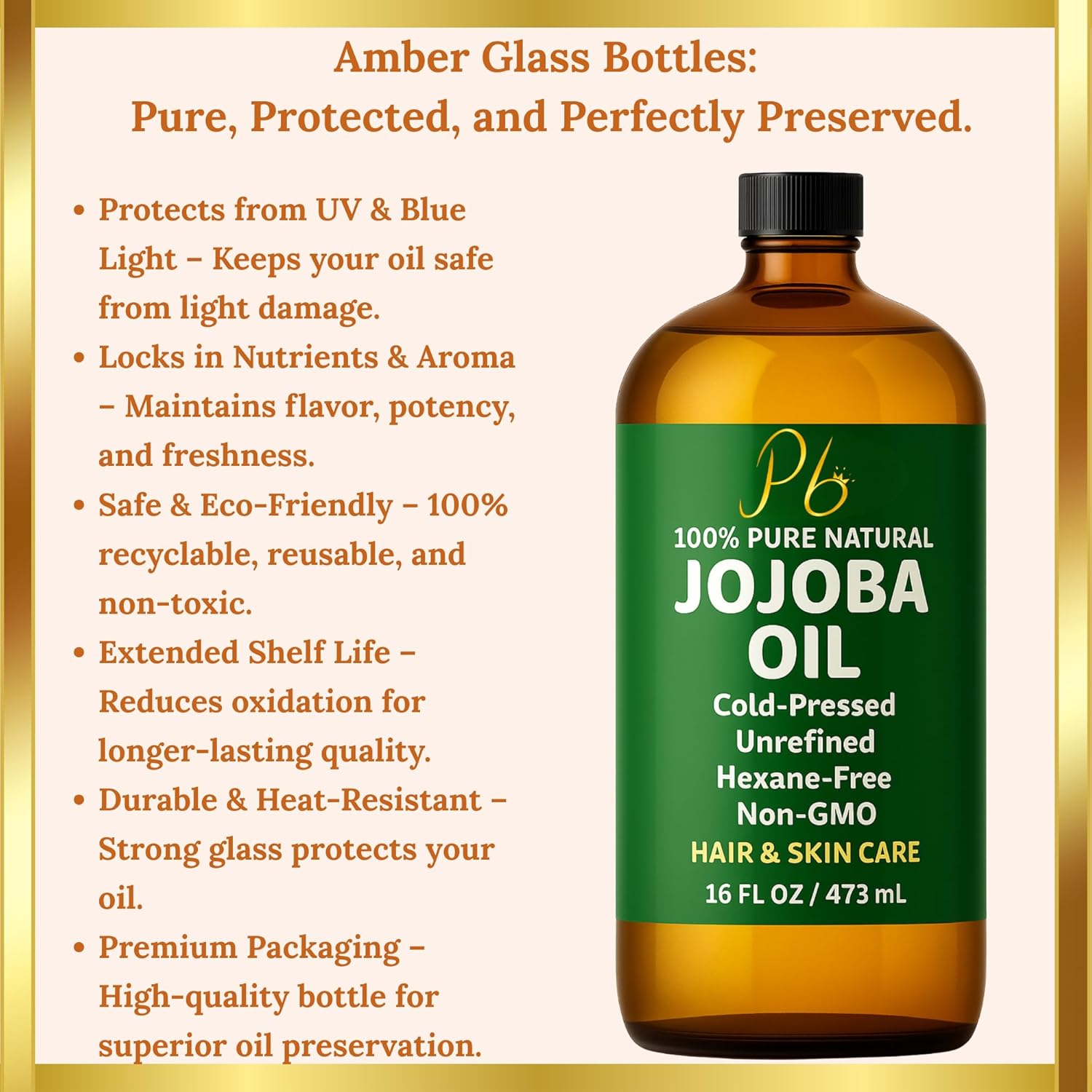Jojoba Oil – 16 fl oz Glass Bottle with Pump – Cold-Pressed, Unrefined & Hexane-Free Jojoba Oil for Hair, Skin & Face – Natural Moisturizer & Lightweight Carrier Oil for Essential Oils & Massage - Image 3