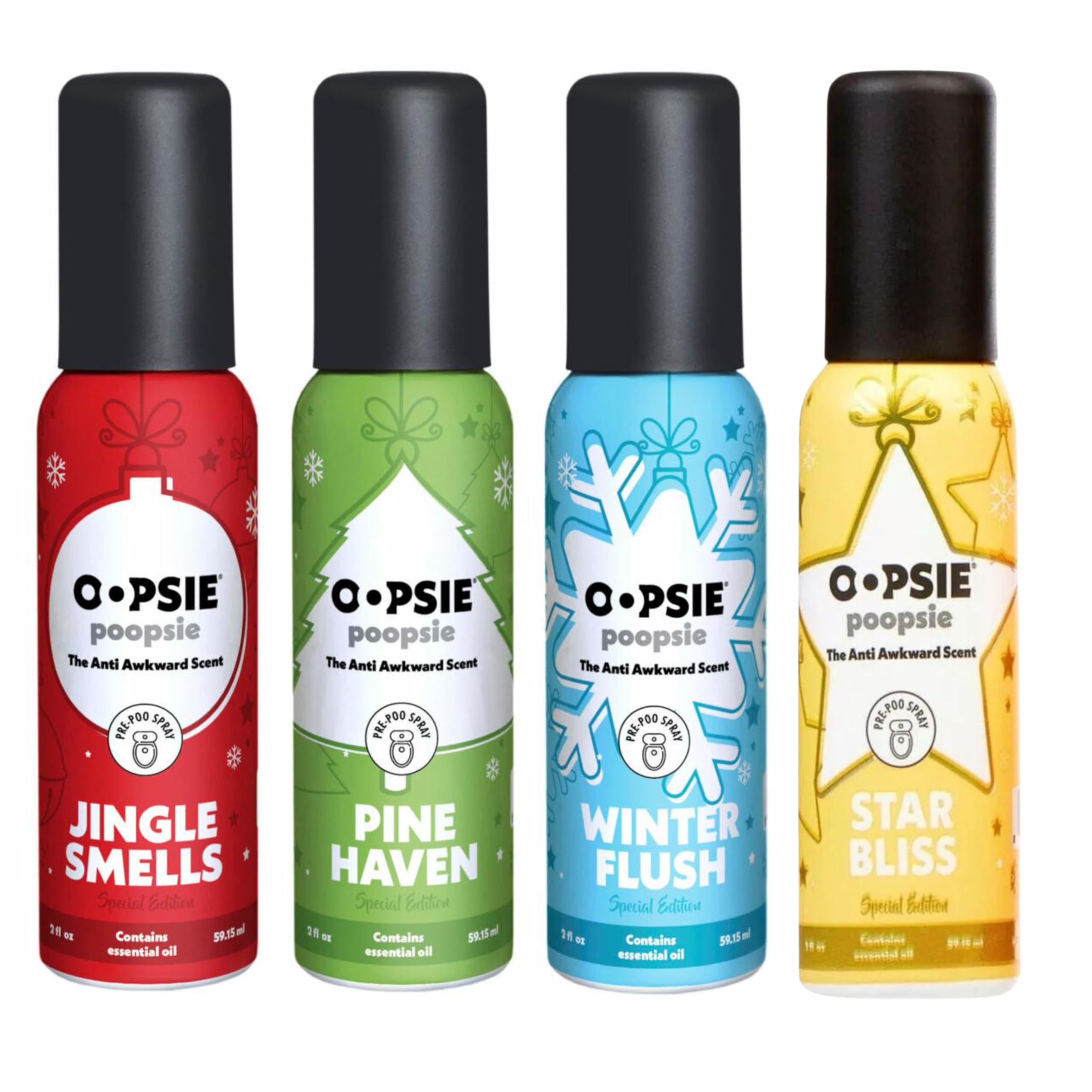 Oopsie Poopsie Holiday Scent Pre-Poo toilet spray, discreet & portable original odor deodorizer scents. Pocket-friendly pre-poo spray to use on the go 2 oz. Sprays 4-pack