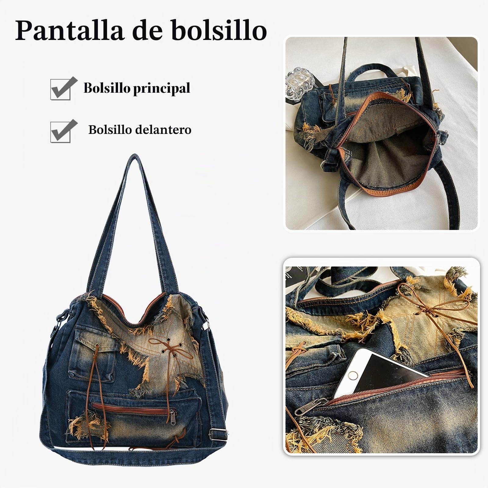 Bolsos Vaqueros para Mujer Bolso Bandolera de Mezclilla Retro Bolso de Mano Gran Capacidad Bolsa Shopper Bolso de Hombro de Tejano Jean Bolsa de Ocio para Compras Citas Viajes Trabajo Azul