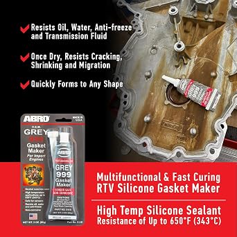 ABRO 999 RTV Silicone Gasket Maker & Sealant 650F, OEM, 3 oz-Grey | OEM-grade high-heat seal for valve covers, oil pans, timing covers and thermostat housings on cars and trucks