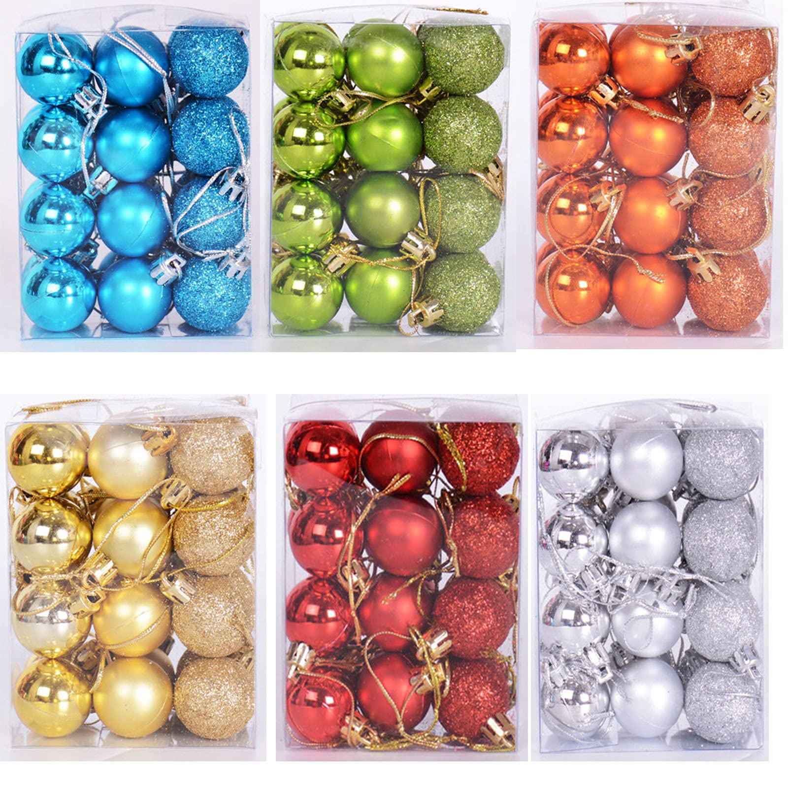 Mehrfarbige Weihnachtskugeln aus Kunststoff, Schalkugeln, Christbaumschmuck, 6 Schachteln mit Weihnachtskugeln, Mattfarbene Kugeln, Partyfensteranhänger