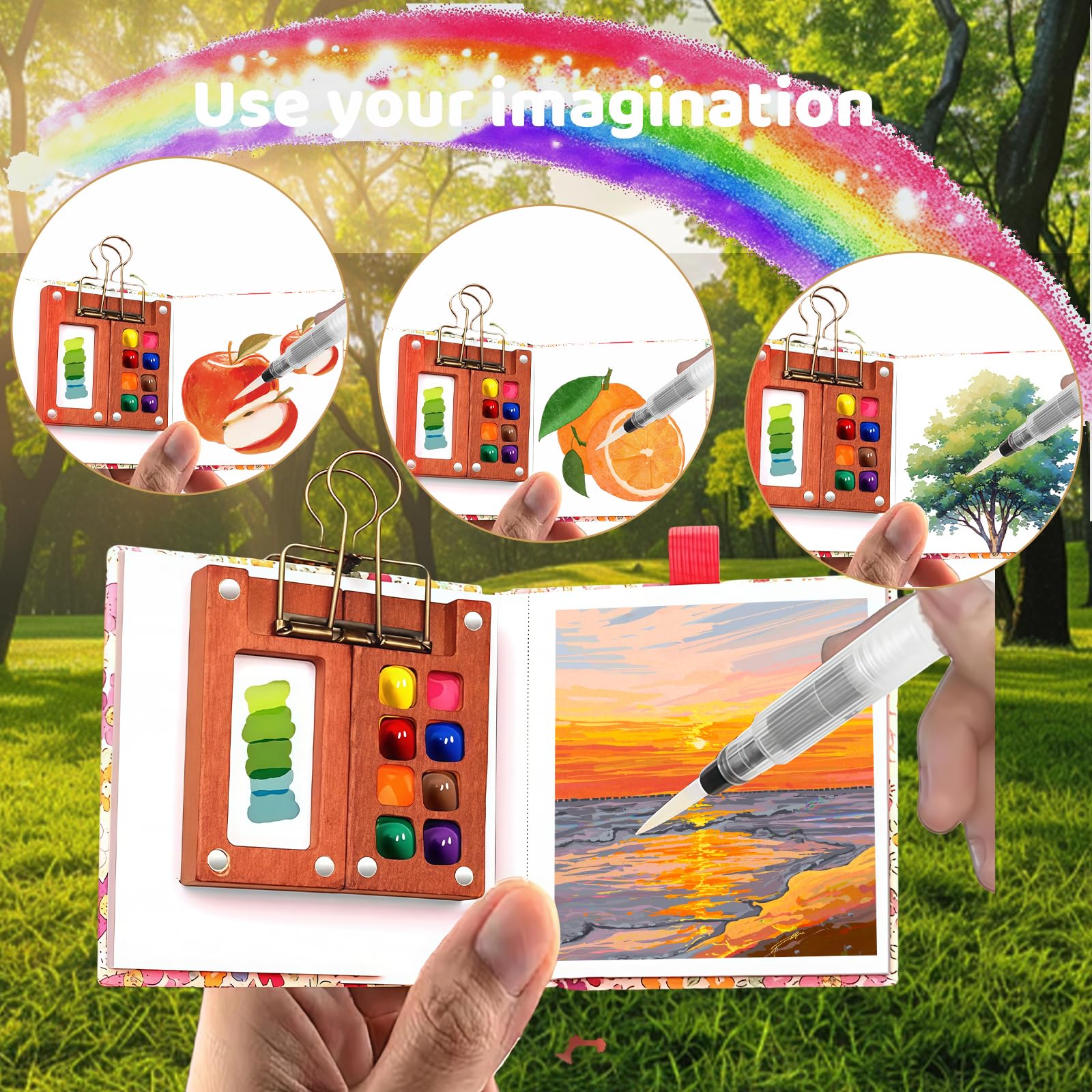 Yamobi Kit tavolozza per pittura ad acquerello in miniatura a 8 griglie, mini scatole da pittura ad acquerello, portatili, per acquerello, tavolozza di legno