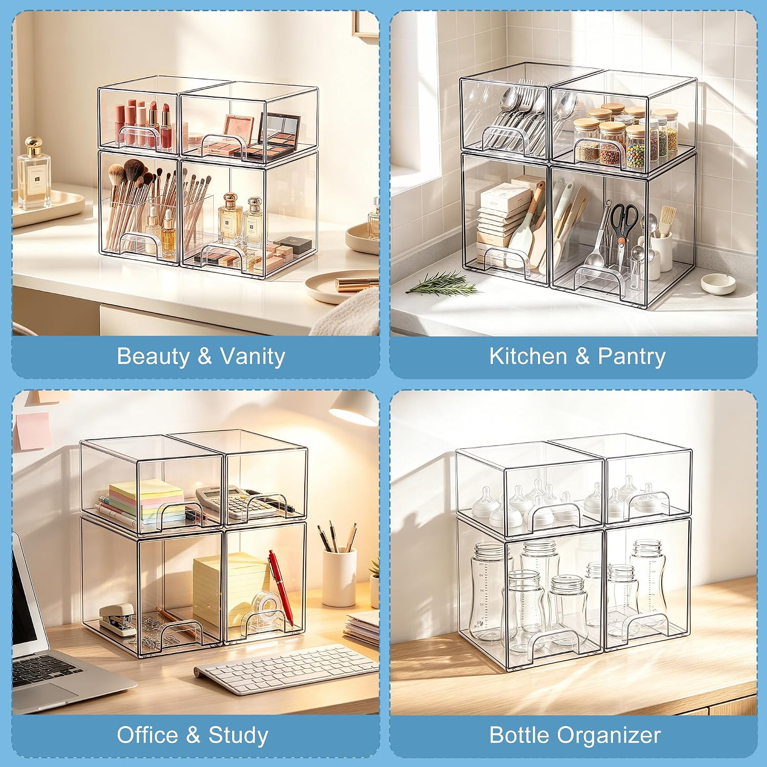 4 Pack Baby Bottle Storage Organizer for Countertop, Acrylic Storage Drawer