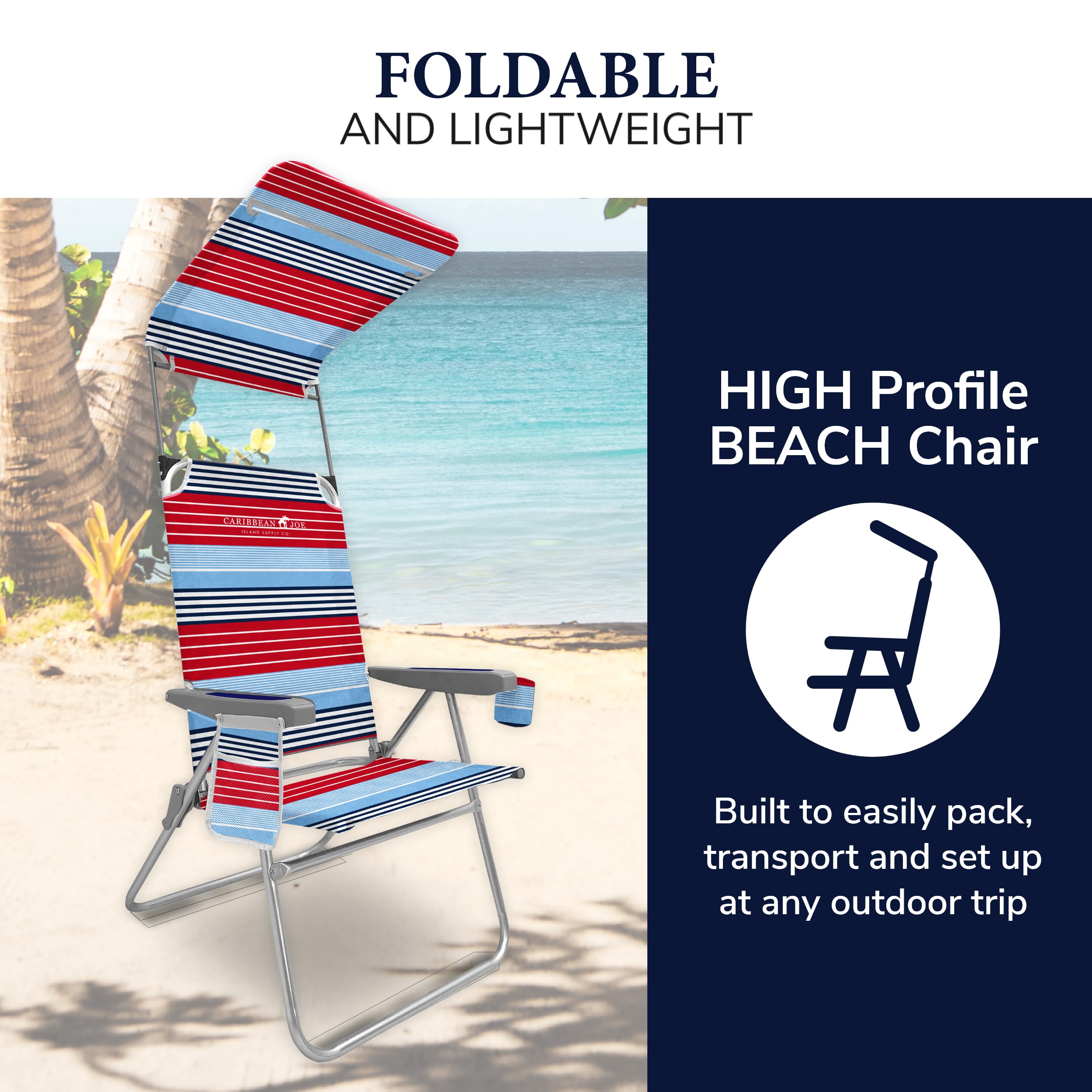 CARIBBEAN JOE Folding Beach Chair, 1 Position High Back Outdoor Camping