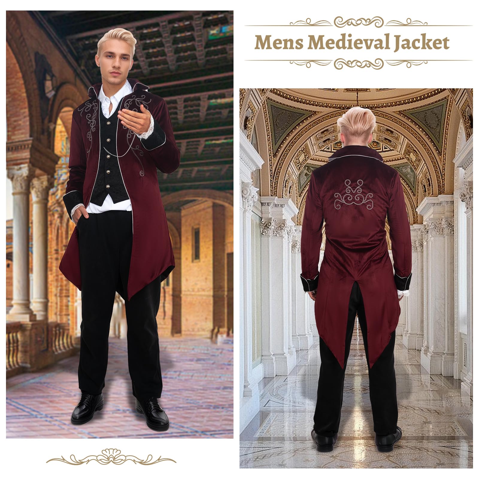 Veste médiévale Steampunk pour homme avec queue-de-morue - Veste médiévale et Renaissance Steampunk - Style rétro gothique et rétro - Costume d'Halloween