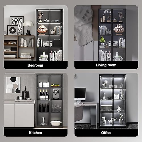 Miniatura 7 de Vitrina de 63 pulgadas de alto con puertas de cristal, vitrina alta con luces LED, vitrina para coleccionables, vitrinas de cristal con 3 estantes