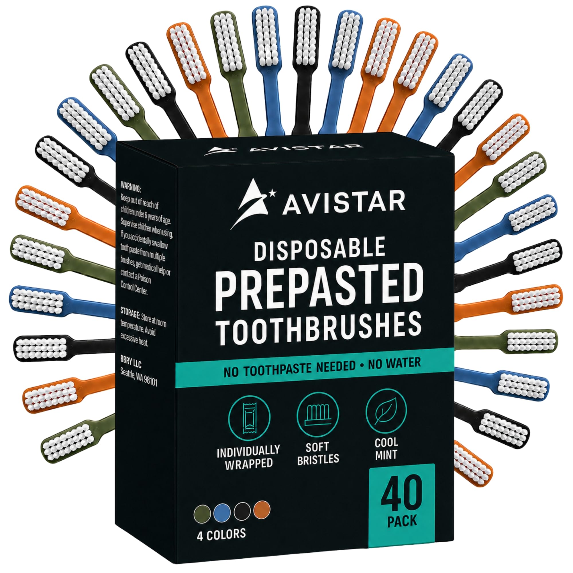 Avistar 40 Prepasted Disposable Toothbrushes Individually Wrapped - Single Use Pre Pasted Disposable Toothbrushes with Toothpaste Built in - Waterless Toothbrush for Travel, Guests, Hotel, &amp; Camping