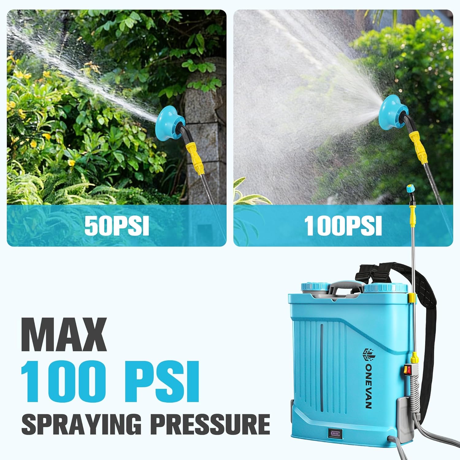 Battery Powered Backpack Sprayer 5.3 Gallon, 0-100 PSI Adjustable Pressure Sprayer with 2 * 3.0A Batteries, Electric Sprayer with Telescopic Wand and 5 Nozzles for Lawn, Garden, Yard