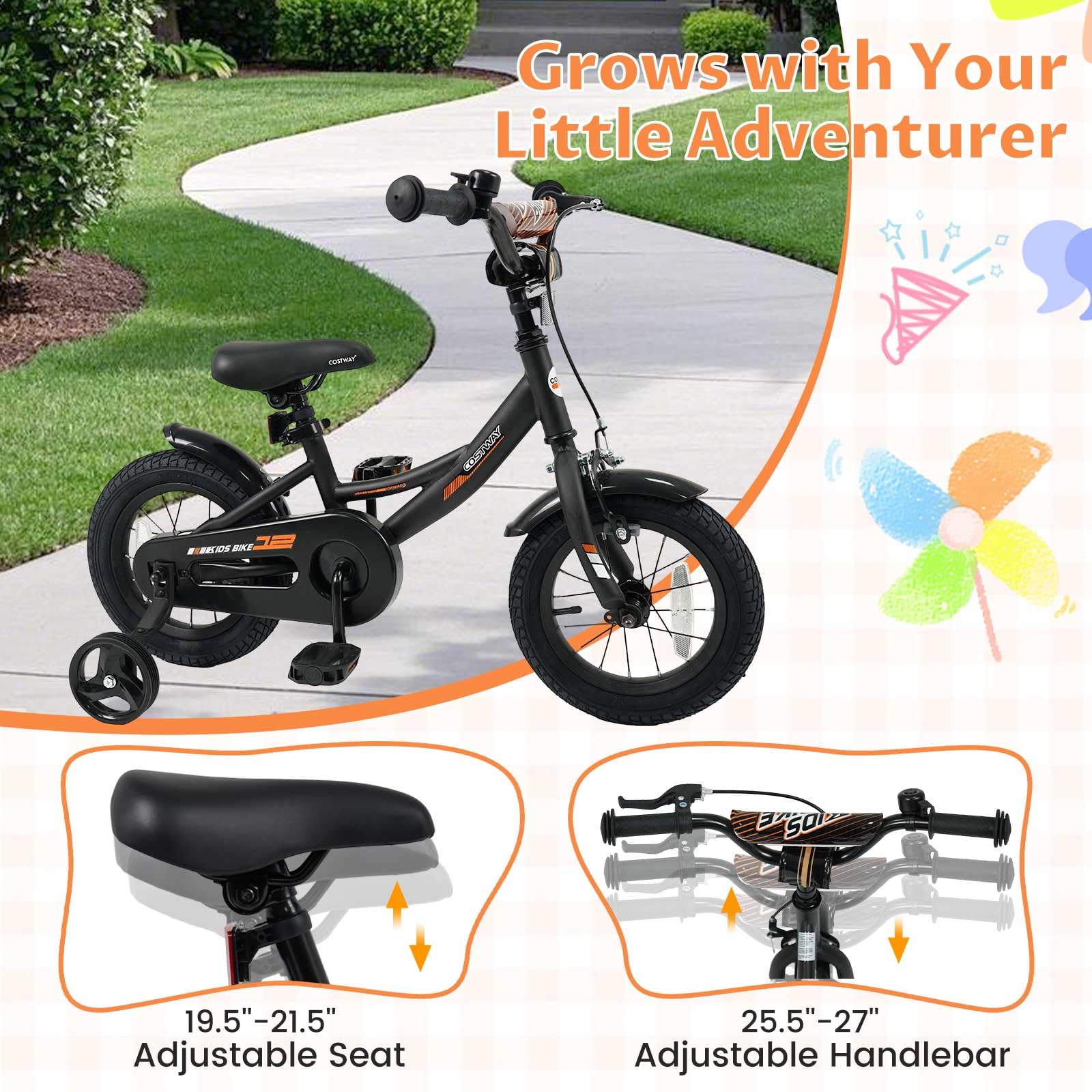 COSTWAY Kids Bike, 12 Inch Toddler Bicycle with Removable Training Wheels, Dual Brakes, Adjustable Seat & Handlebar Height, Girls & Boys Bikes for 3-8 Years Old (Black,12 Inch)