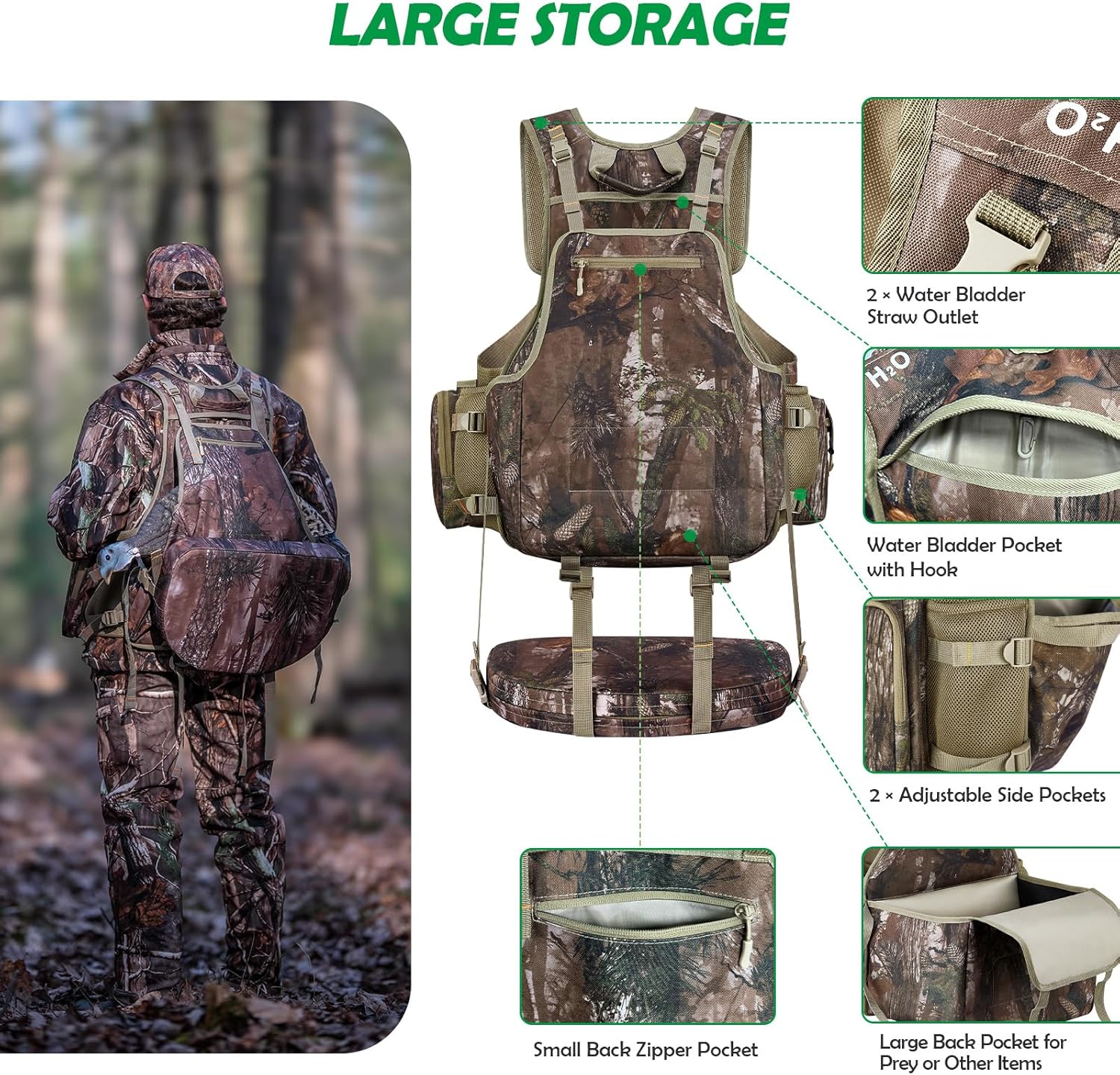 NEW VIEW Turkey Vest with Seat, Adjustable Comfortable Turkey Hunting Vest, Removable Cushion, Game Bag, 20 Pockets, for Turkey Hunters