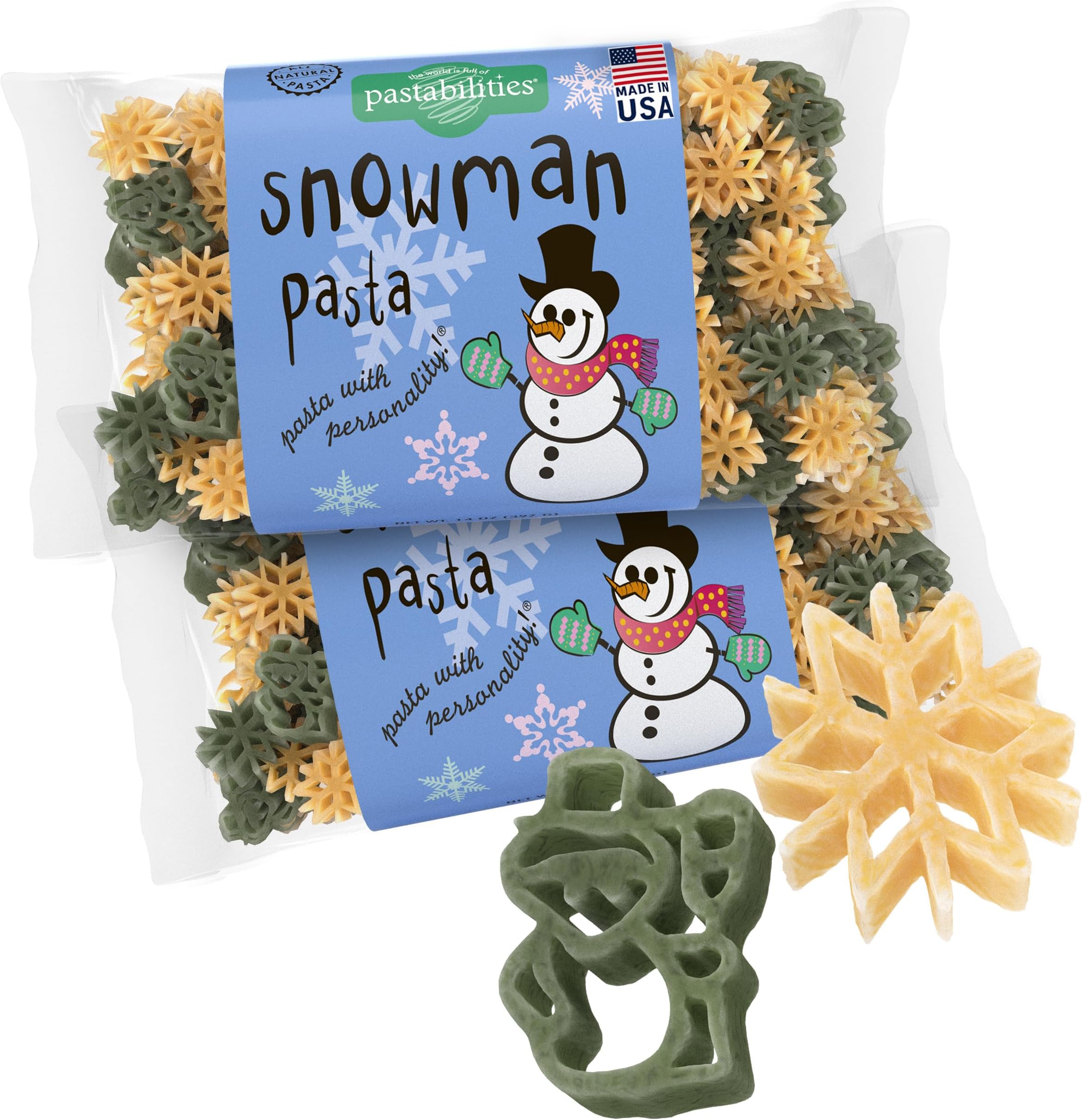 Fun Shaped Pasta for Kids - Christmas - Snowman and Snowflake Holiday Theme, Non-GMO Natural Wheat and Vegetable Pasta, All-Natural, Kosher Certified, Made in the USA, (2 Pack, 14 Oz)