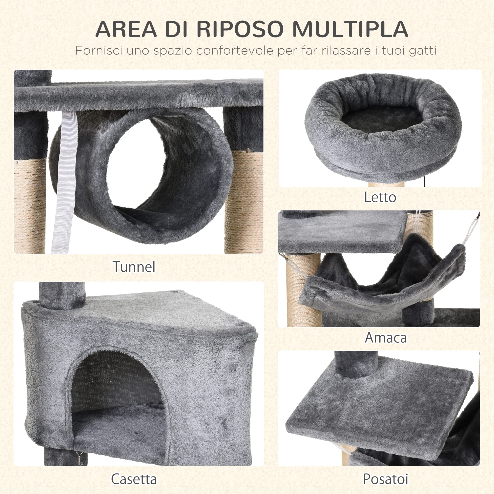 PawHut Tiragraffi a Colonna per Gatti con Cuccia Amaca 60x40x154cm Grigio | Lettini Sospesi, Pali in Corda Sisal